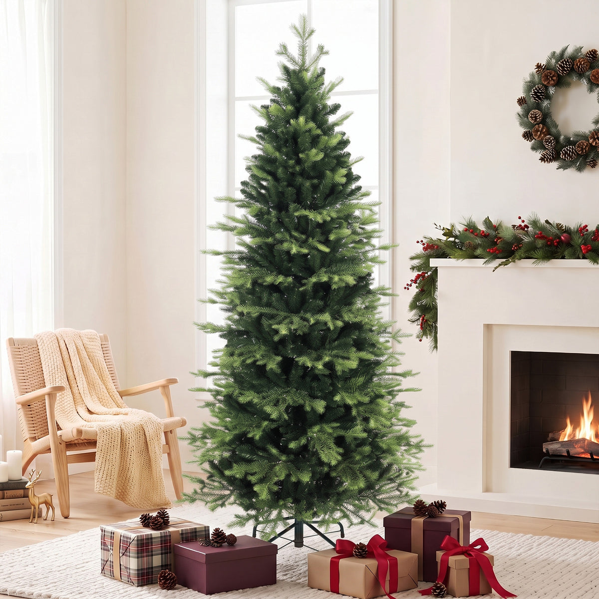 7ft/210cm Artificial Christmas Tree, Geneva Fir Hinged Xmas Tree with 2079 Branch Tips, Foldable Steel Stand, Easy Assembly for Home Office Holiday Decoration, Green