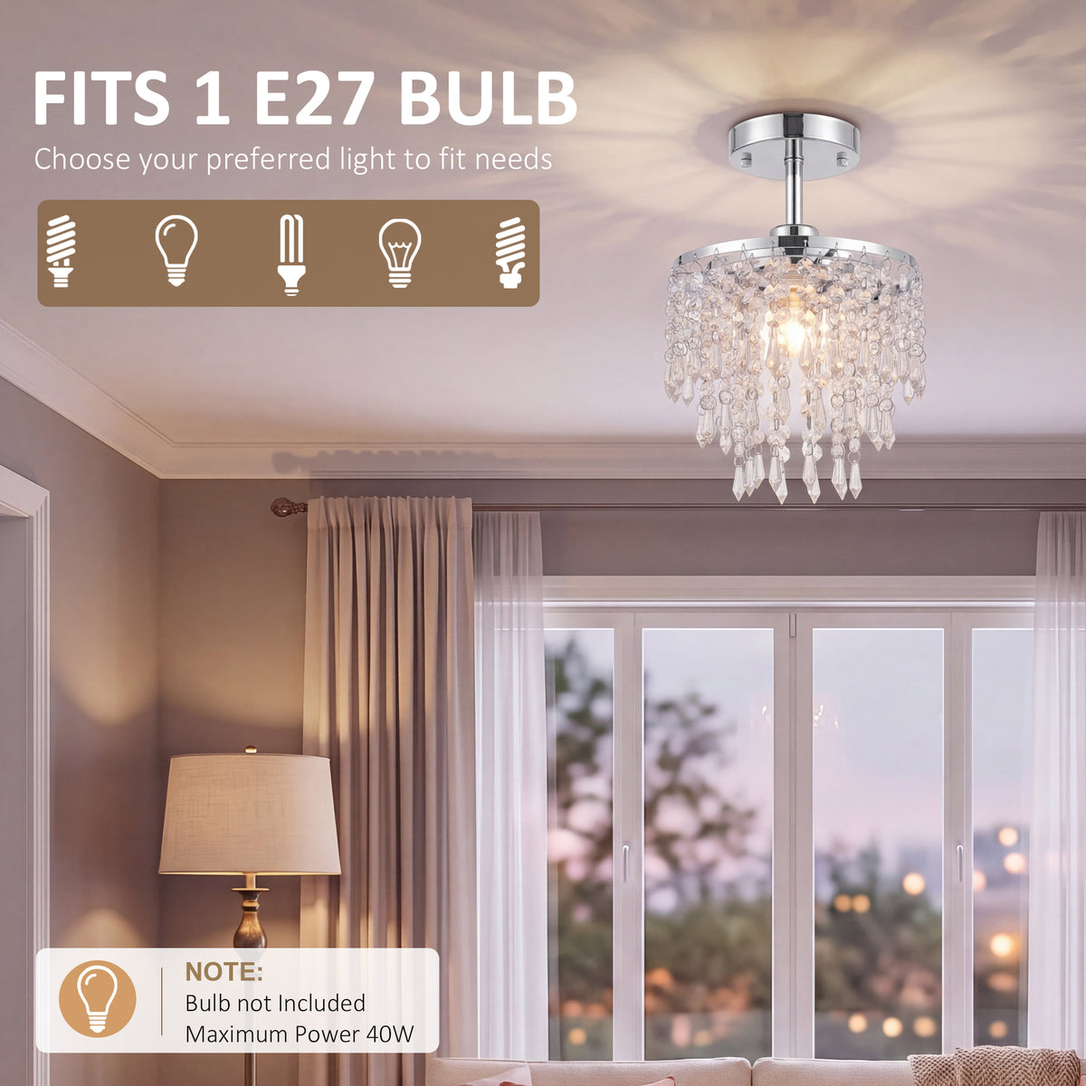 Crystal Ceiling Light with 57 Crystal Strands, Modern Ceiling Light with Mounting Plate for Bedroom, Dining Room, Hallway, Silver Tone, Bulb Not Included