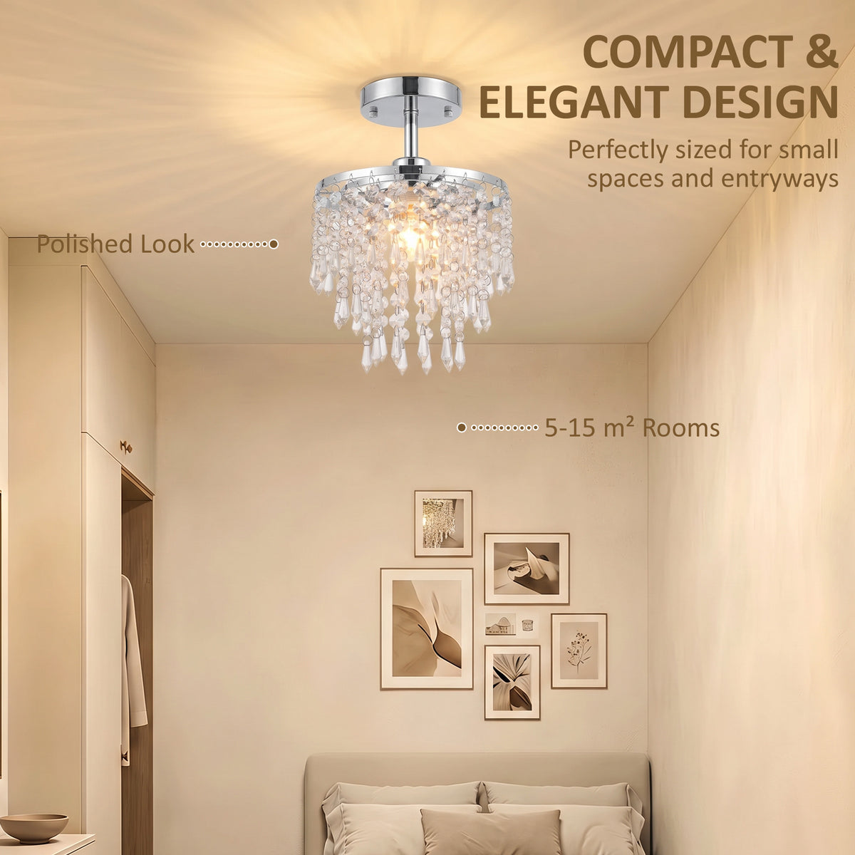 Crystal Ceiling Light with 57 Crystal Strands, Modern Ceiling Light with Mounting Plate for Bedroom, Dining Room, Hallway, Silver Tone, Bulb Not Included