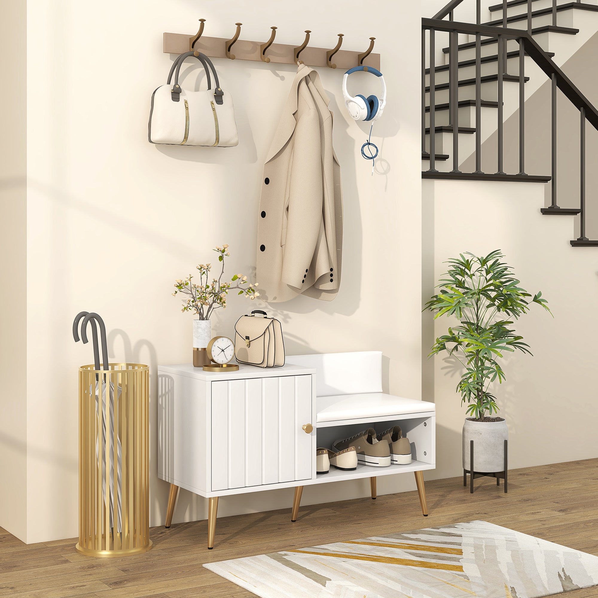 HOMCOM Shoe Bench with Storage, Shoe Cabinet with Seating Cushion, Open Compartment and Table Top for Entryway, Hallway, White