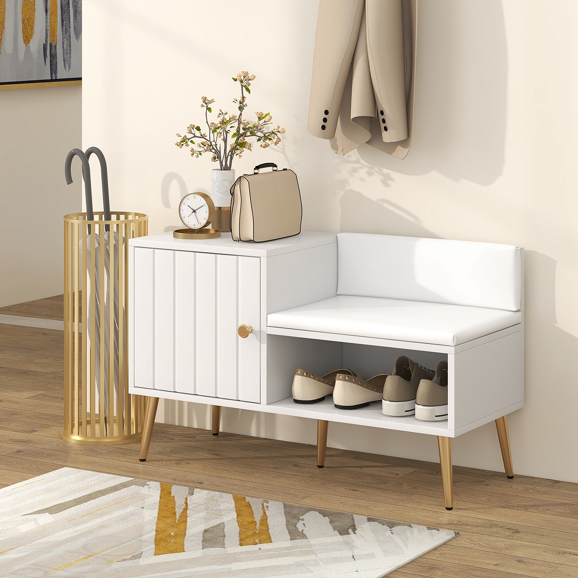 HOMCOM Shoe Bench with Storage, Shoe Cabinet with Seating Cushion, Open Compartment and Table Top for Entryway, Hallway, White