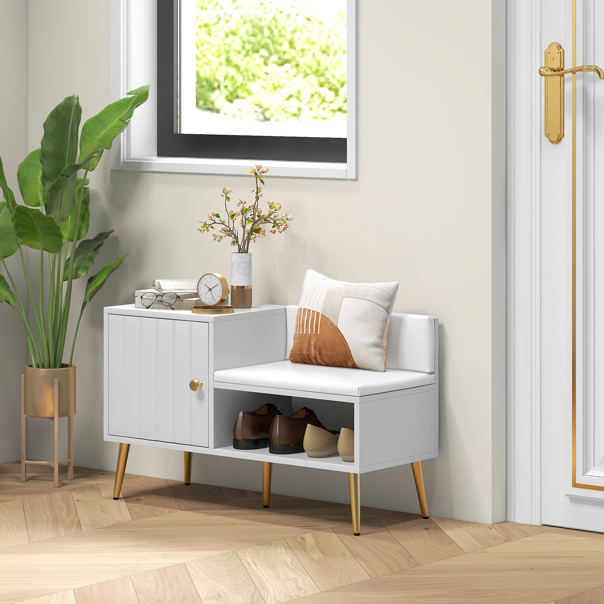 HOMCOM Shoe Bench with Storage, Shoe Cabinet with Seating Cushion, Open Compartment and Table Top for Entryway, Hallway, White