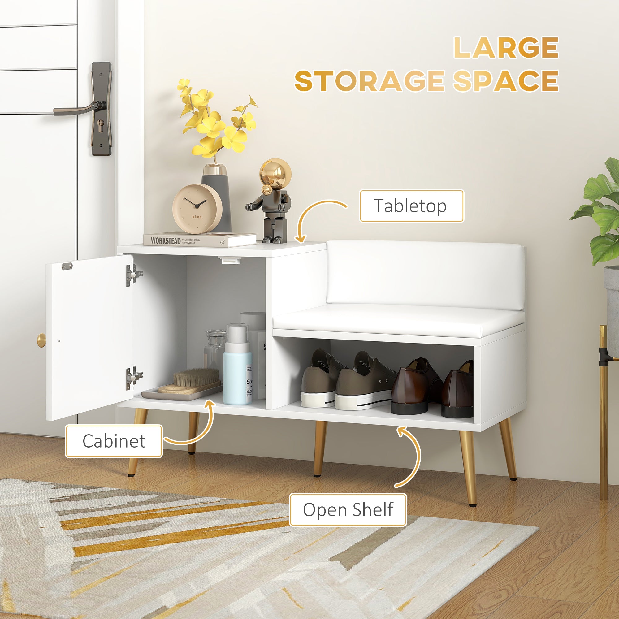 HOMCOM Shoe Bench with Storage, Shoe Cabinet with Seating Cushion, Open Compartment and Table Top for Entryway, Hallway, White
