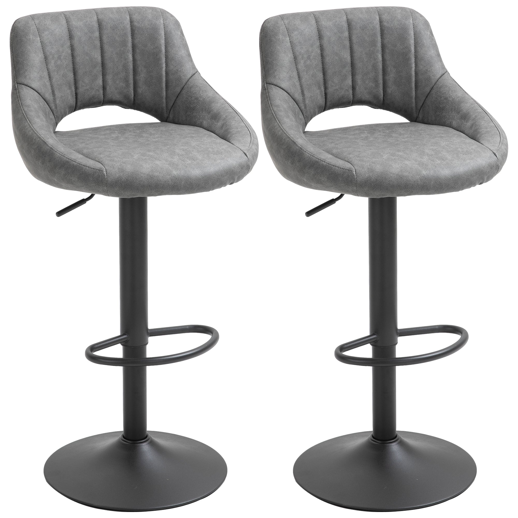 HOMCOM Bar Stools Set of 2, Swivel Counter Height Barstools with Adjustable Height, Faux Leather Upholstered Bar Chairs with Round Metal Base and Footrest, Grey