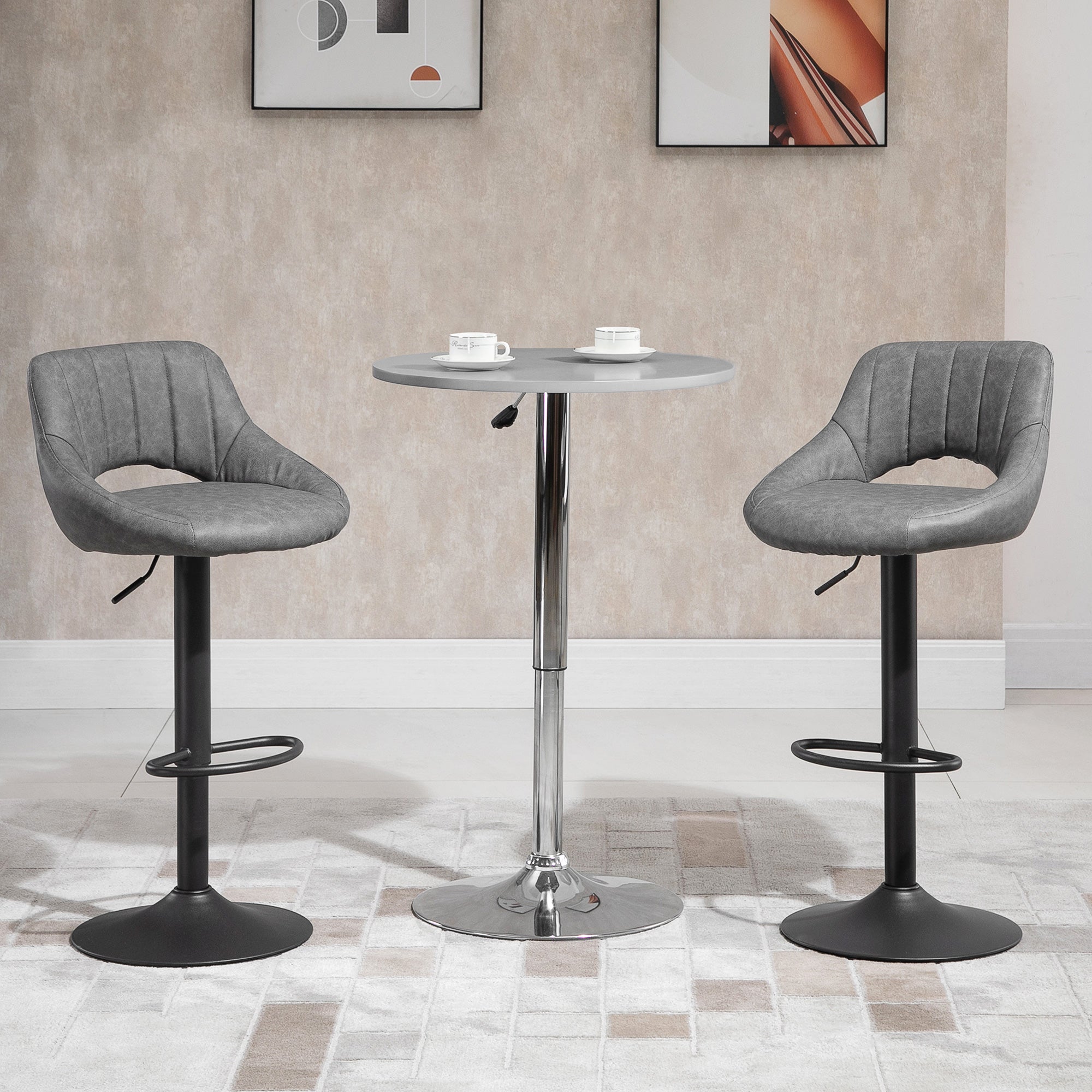 HOMCOM Bar Stools Set of 2, Swivel Counter Height Barstools with Adjustable Height, Faux Leather Upholstered Bar Chairs with Round Metal Base and Footrest, Grey