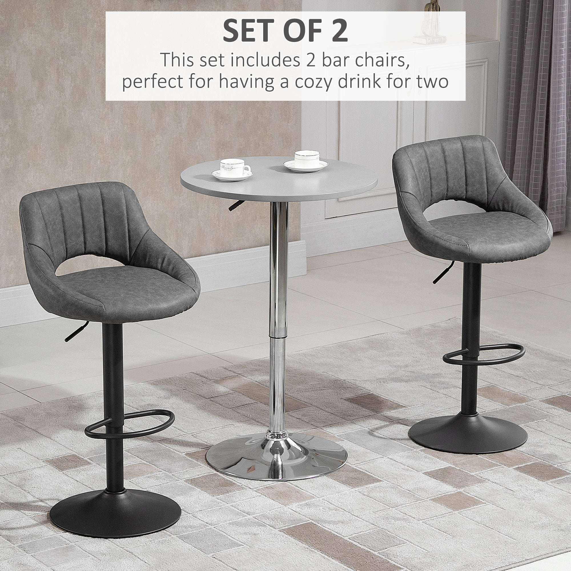 HOMCOM Bar Stools Set of 2, Swivel Counter Height Barstools with Adjustable Height, Faux Leather Upholstered Bar Chairs with Round Metal Base and Footrest, Grey