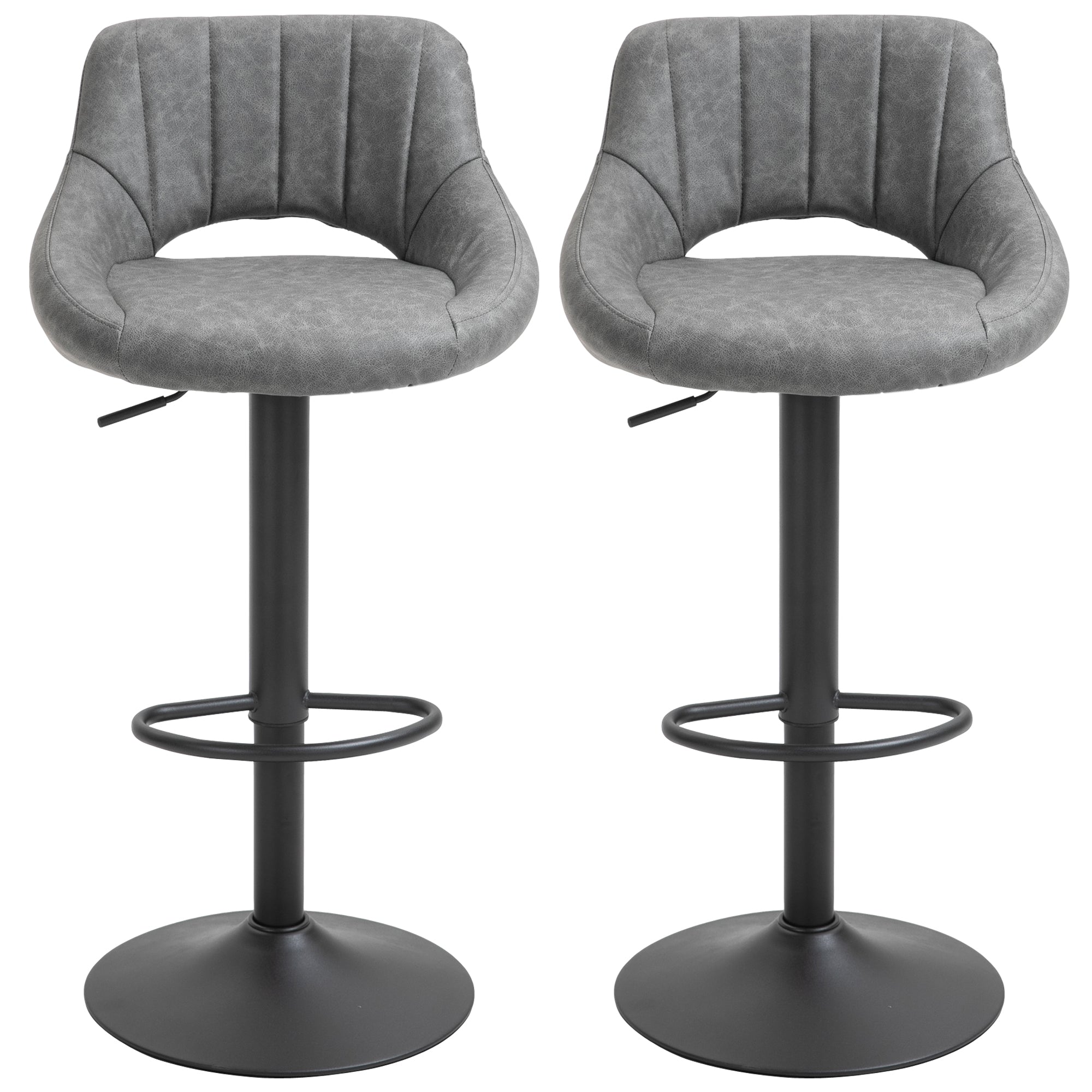 HOMCOM Bar Stools Set of 2, Swivel Counter Height Barstools with Adjustable Height, Faux Leather Upholstered Bar Chairs with Round Metal Base and Footrest, Grey