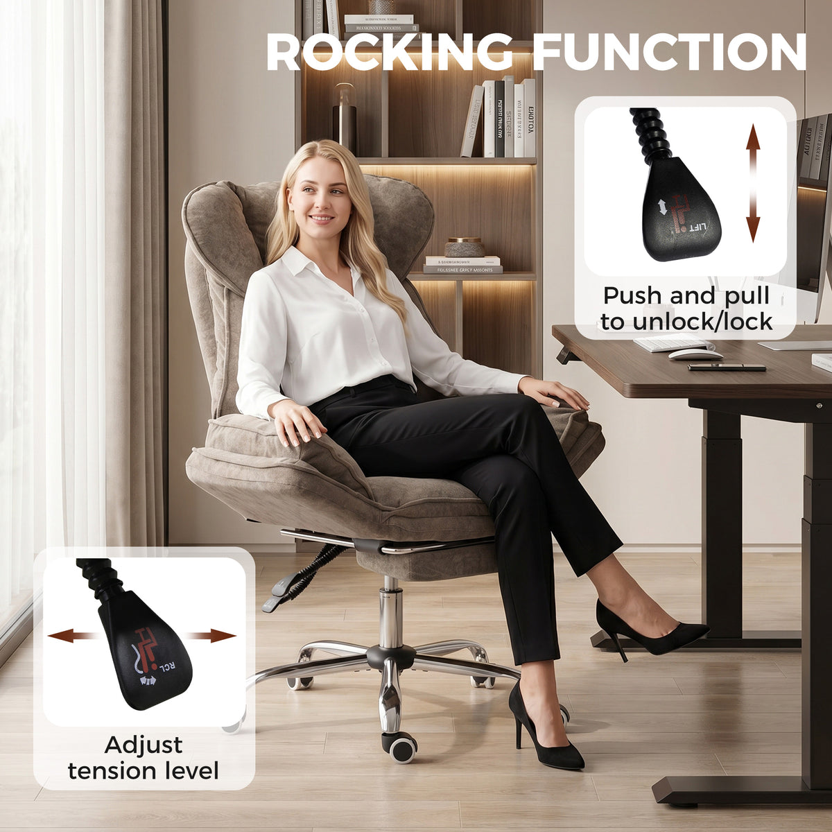 Criss Cross Office Chair with Footrest, Swivel Wheels, Task Desk Chair with Overstuffed Reclining Backrest, Waterfall Arms, Adjustable Height, Cross Legged, Brown
