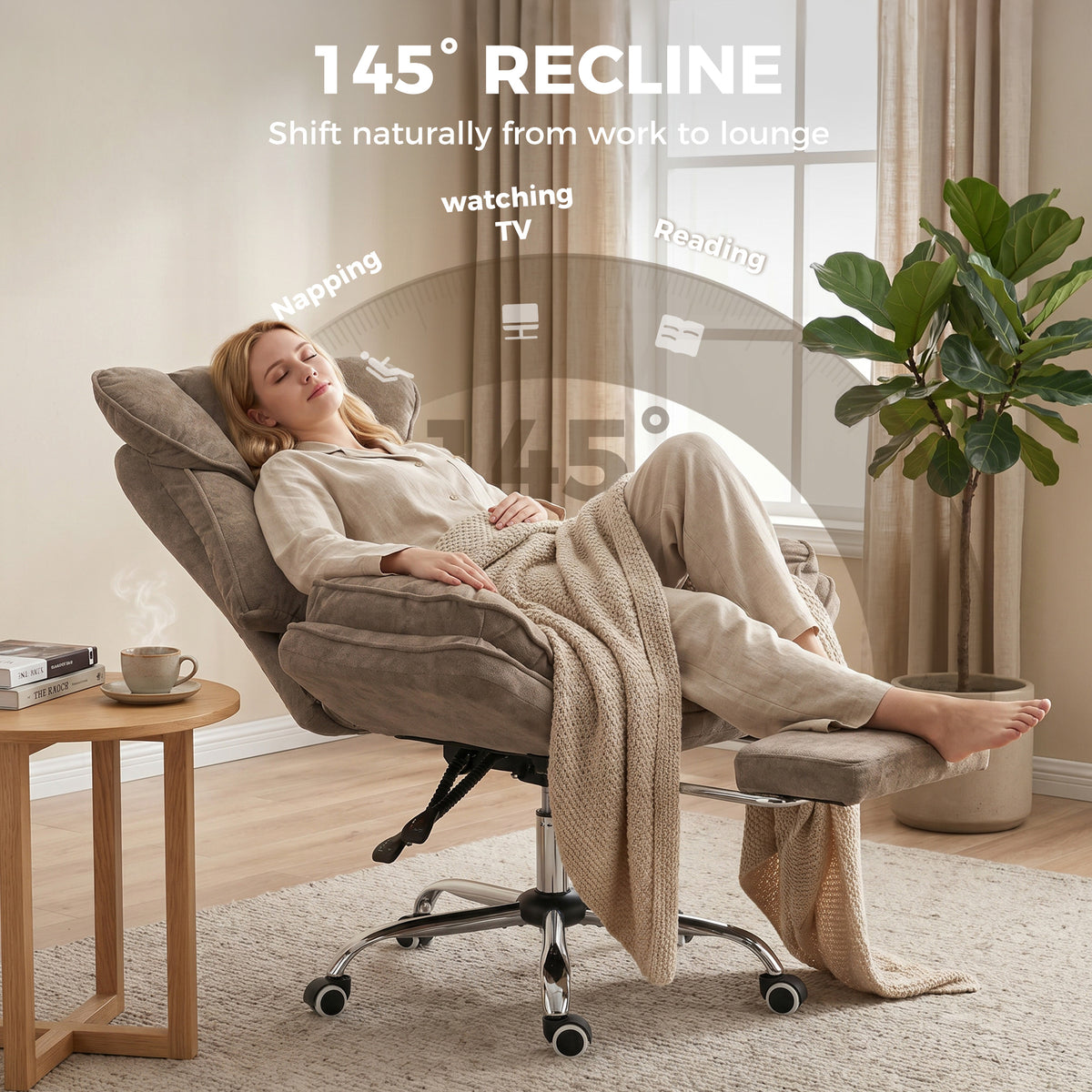 Criss Cross Office Chair with Footrest, Swivel Wheels, Task Desk Chair with Overstuffed Reclining Backrest, Waterfall Arms, Adjustable Height, Cross Legged, Brown