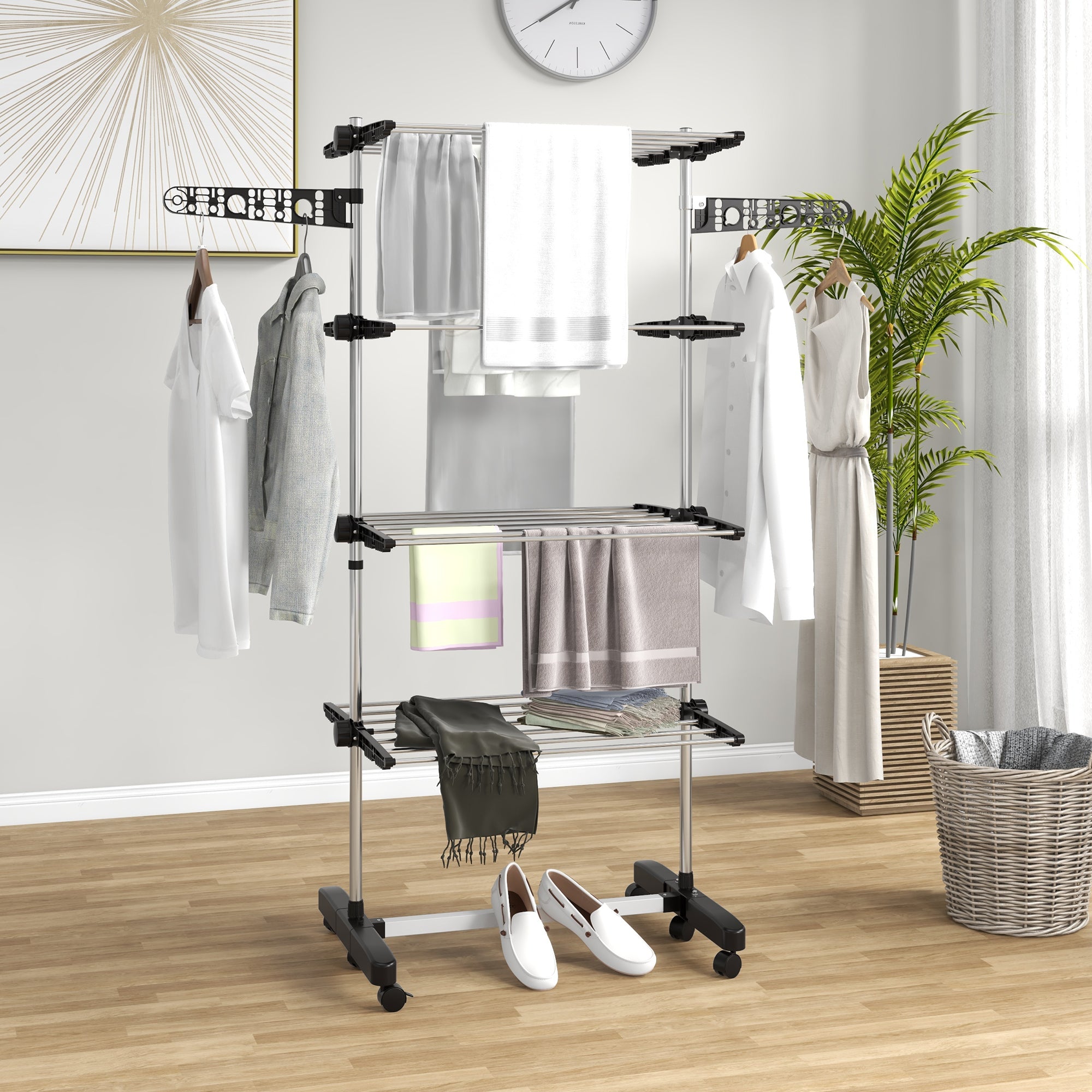 HOMCOM 4-Tier Clothes Drying Rack, Stainless Steel Laundry Rack with 2 Side Wings and 6 Castors, Collapsible Adjustable Clothes Airer for Indoor Outdoor, Black