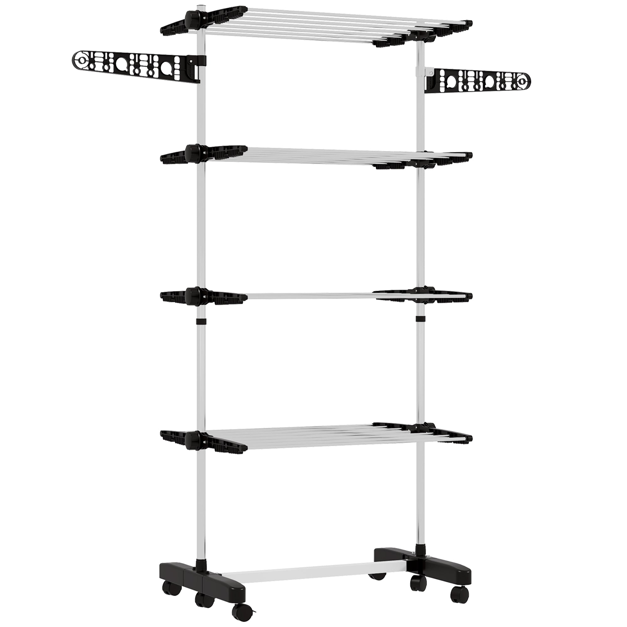 HOMCOM 4-Tier Clothes Drying Rack, Stainless Steel Laundry Rack with 2 Side Wings and 6 Castors, Collapsible Adjustable Clothes Airer for Indoor Outdoor, Black