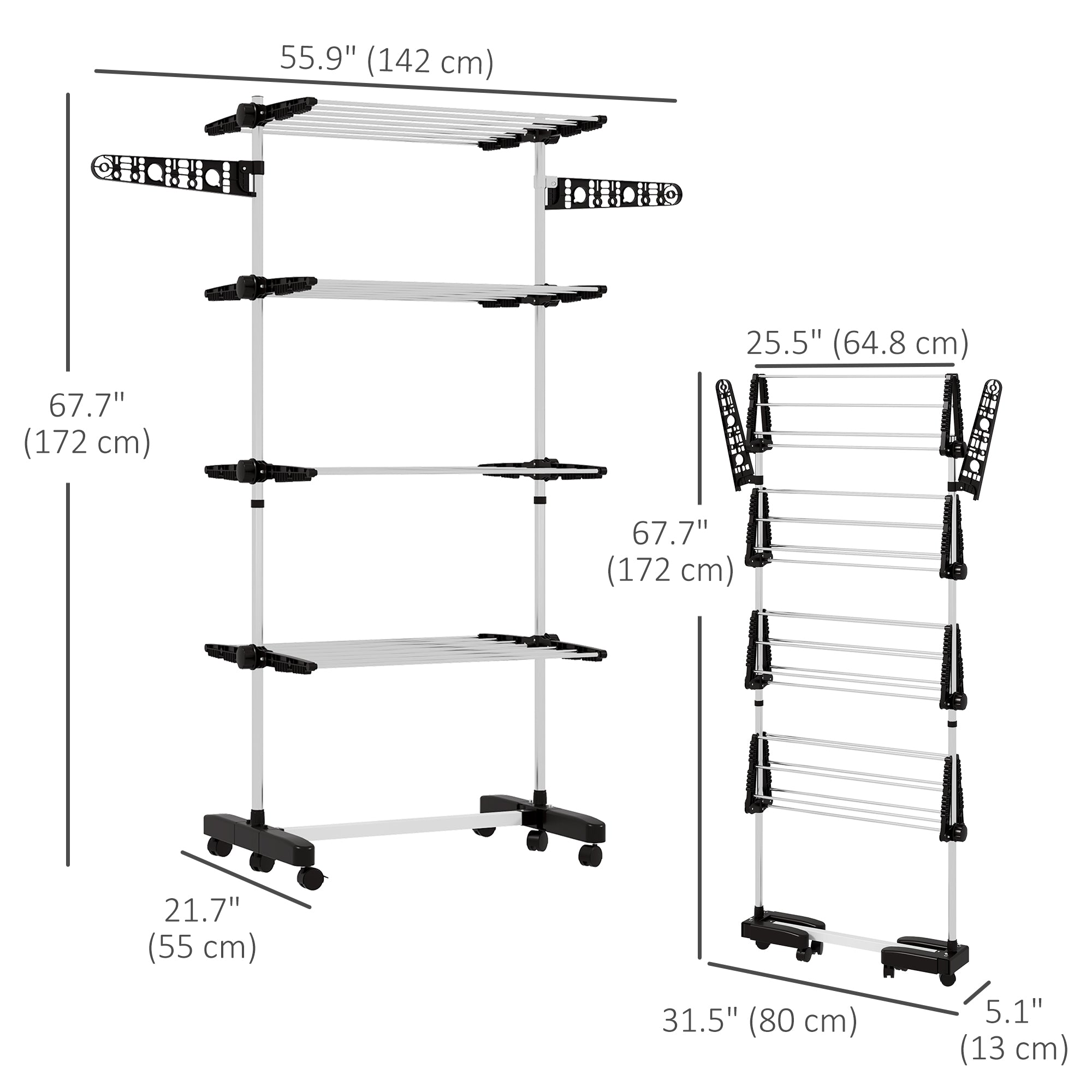 HOMCOM 4-Tier Clothes Drying Rack, Stainless Steel Laundry Rack with 2 Side Wings and 6 Castors, Collapsible Adjustable Clothes Airer for Indoor Outdoor, Black