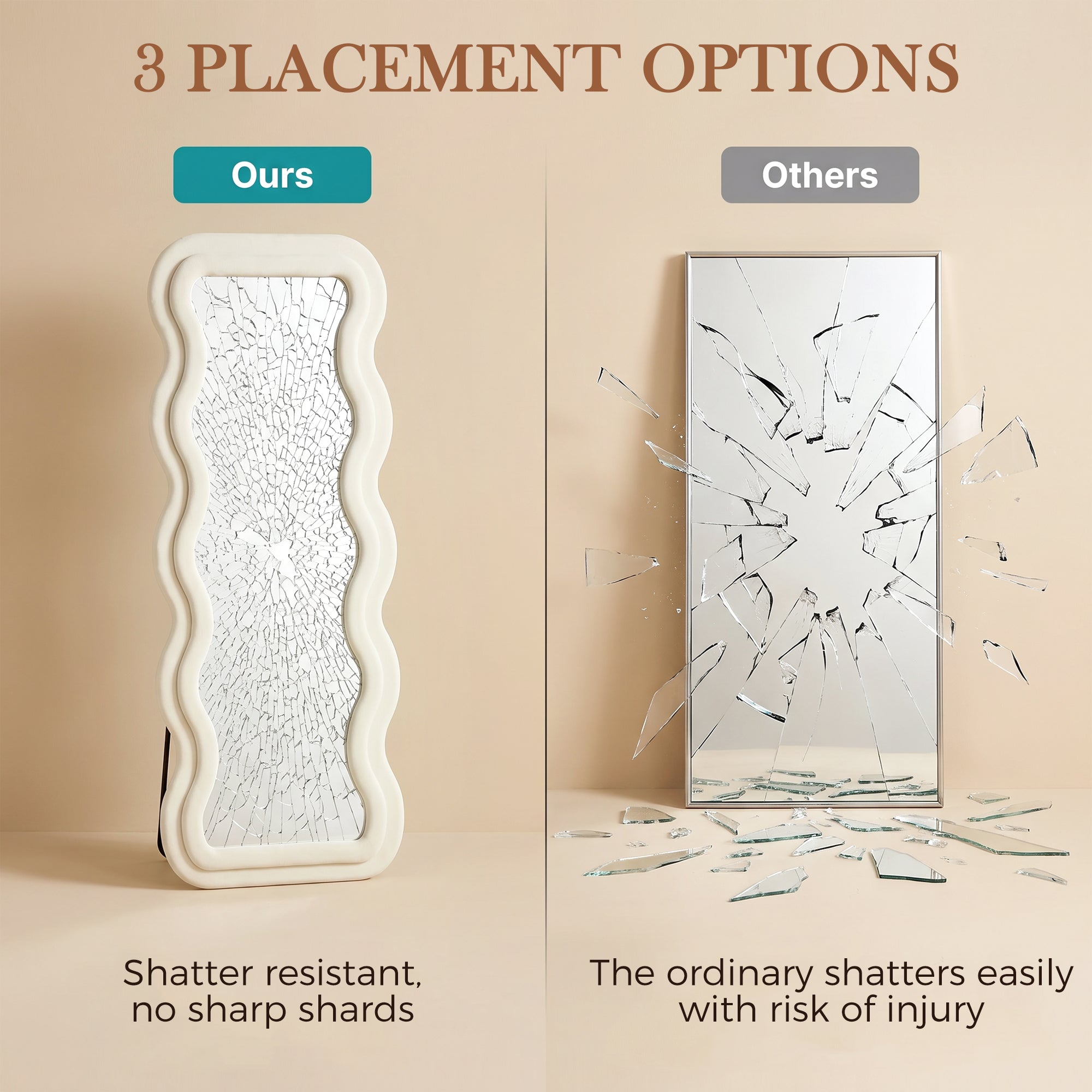 Full Length Mirror, 160 x 60 cm Wavy Large Full Body Standing Mirror with Velvet Frame, HD Tempered Glass, Floor Standing, Wall Hanging or Leaning for Bedroom,  Living Room, Cream White