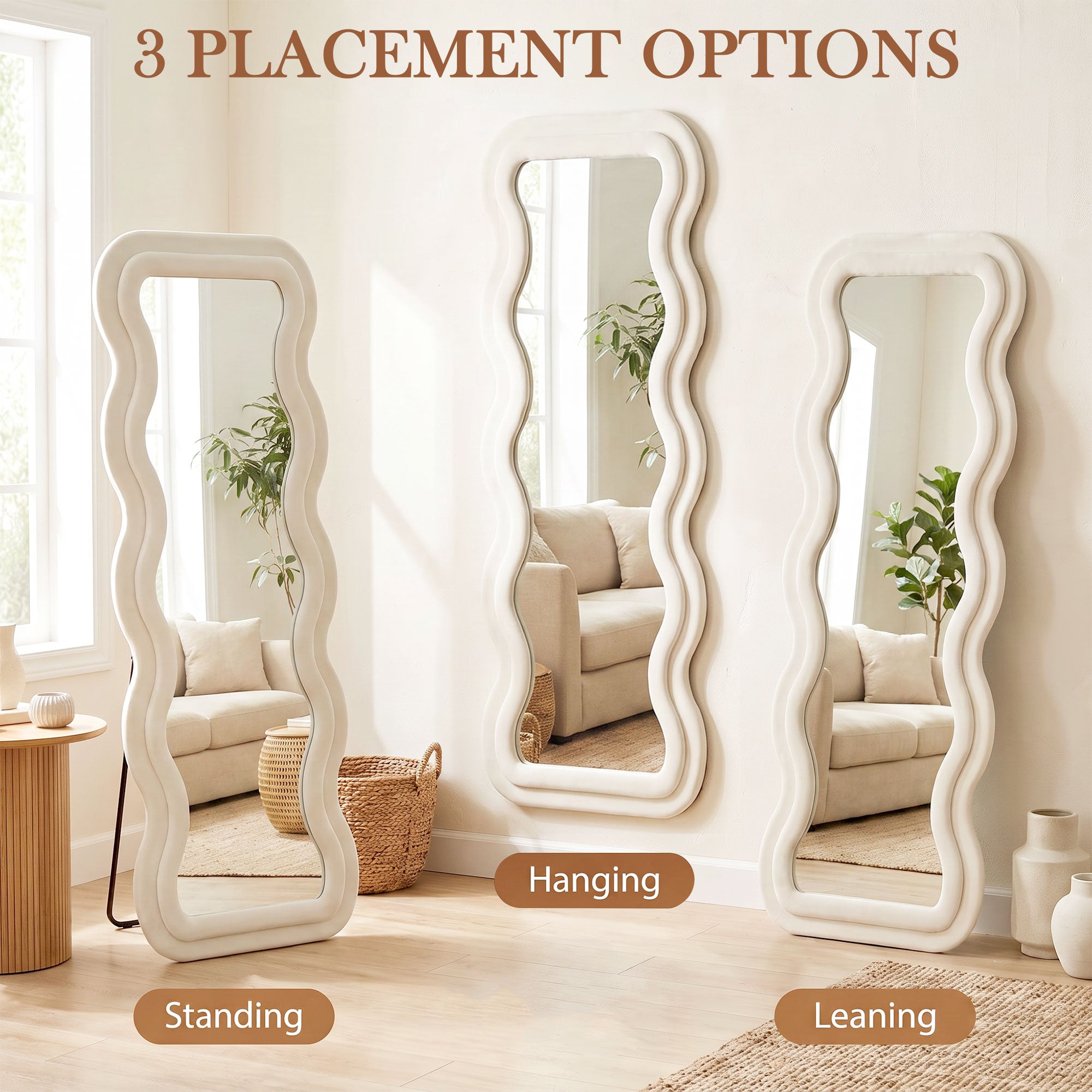 Full Length Mirror, 160 x 60 cm Wavy Large Full Body Standing Mirror with Velvet Frame, HD Tempered Glass, Floor Standing, Wall Hanging or Leaning for Bedroom,  Living Room, Cream White