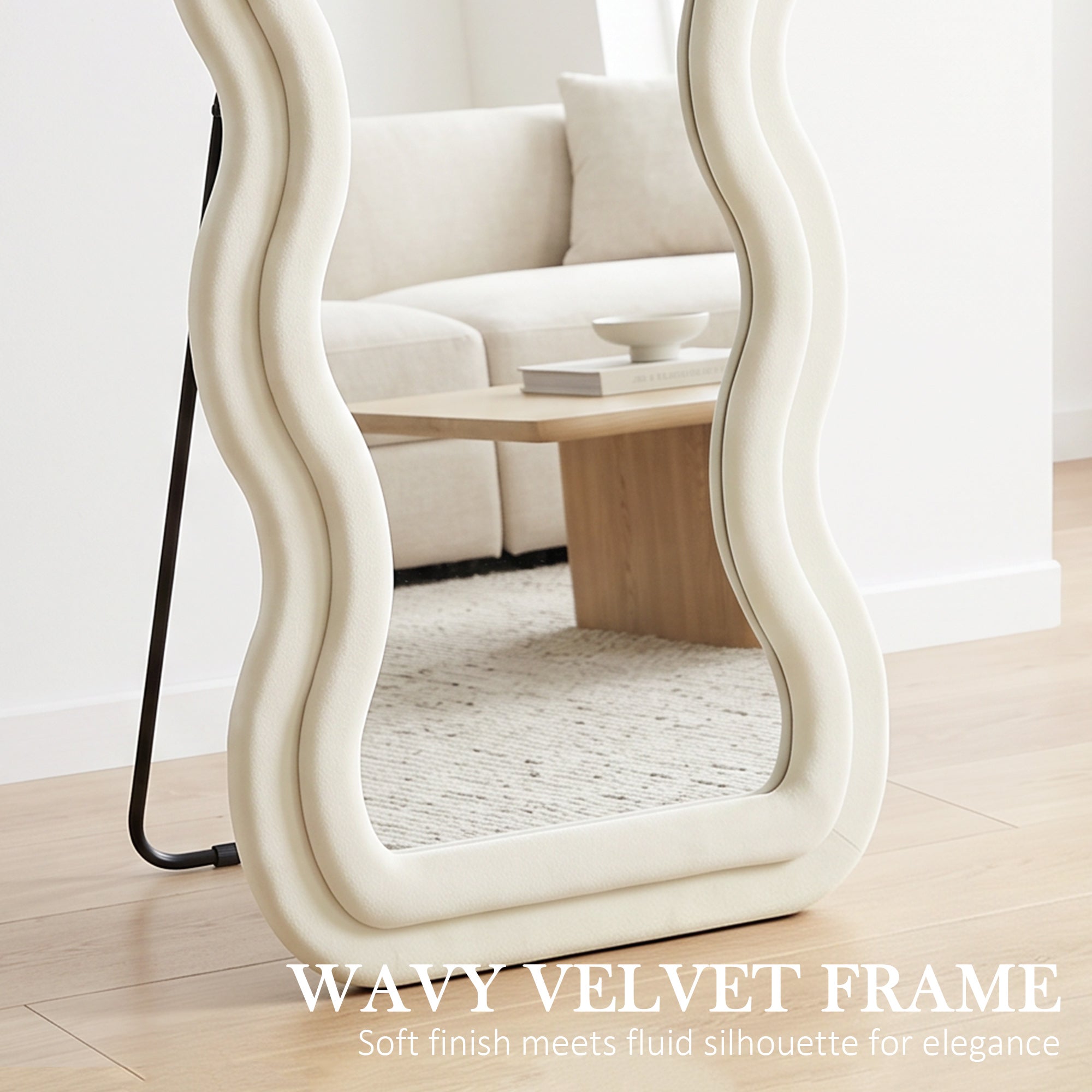 Full Length Mirror, 160 x 60 cm Wavy Large Full Body Standing Mirror with Velvet Frame, HD Tempered Glass, Floor Standing, Wall Hanging or Leaning for Bedroom,  Living Room, Cream White