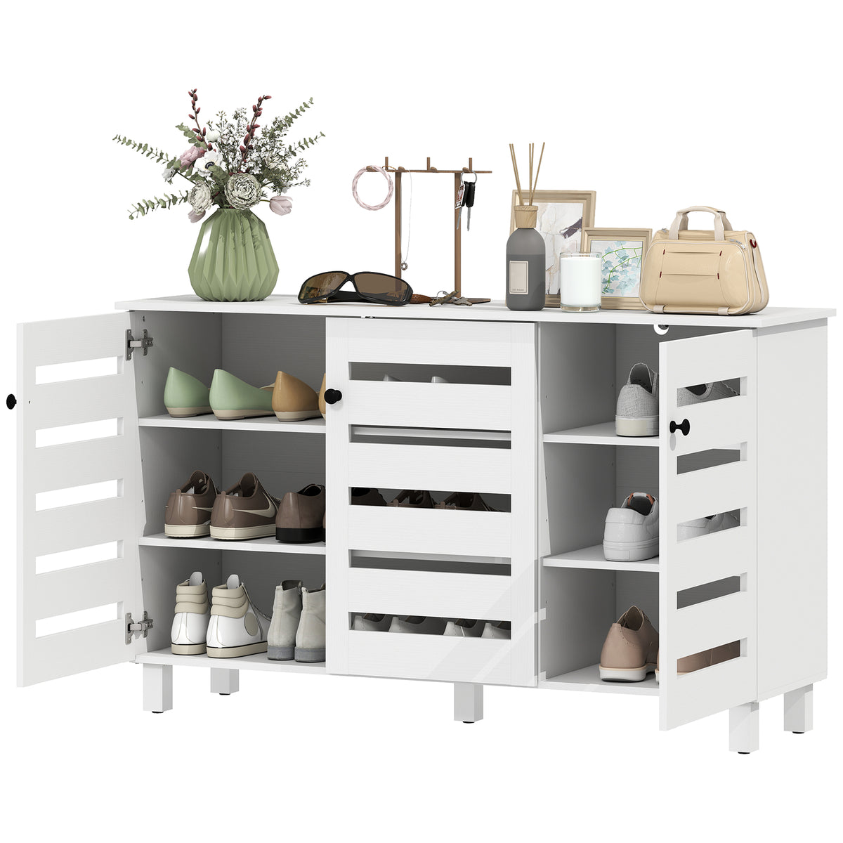 Shoe Cabinet, Shoe Storage Cabinet with 3 Slatted Doors, 3-tier Shelving Shoe Rack Cabinet with Adjustable Shelves for Entryway, Hallway, Living Room, Holds 15 Pairs, White