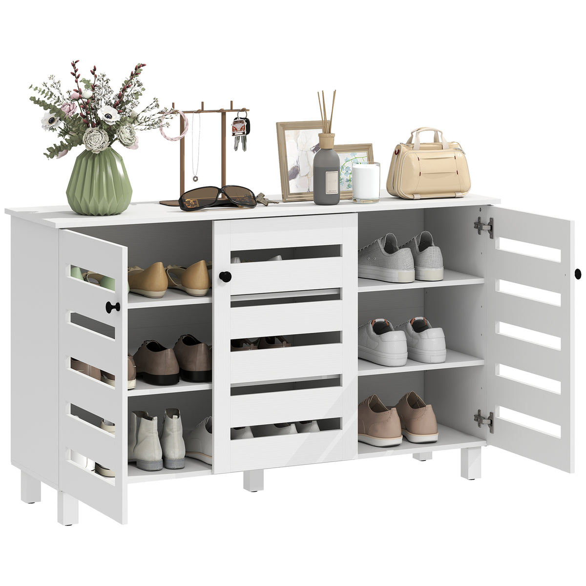 Shoe Cabinet, Shoe Storage Cabinet with 3 Slatted Doors, 3-tier Shelving Shoe Rack Cabinet with Adjustable Shelves for Entryway, Hallway, Living Room, Holds 15 Pairs, White