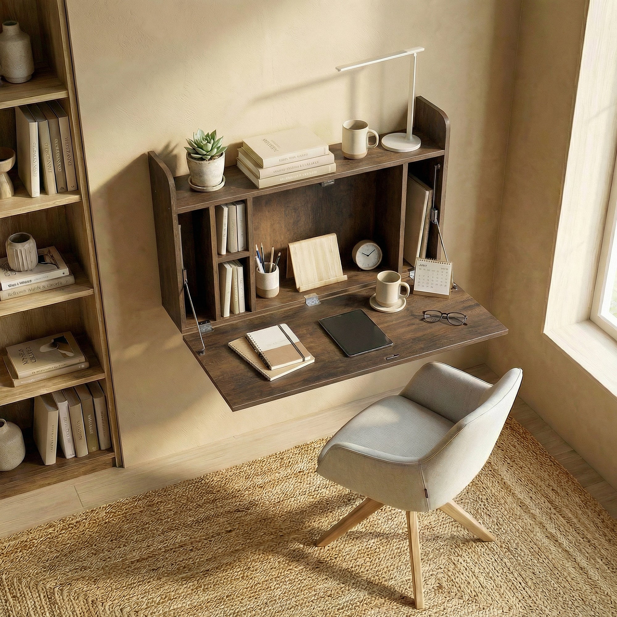 Wall Mounted Desk, Drop Leaf Floating Laptop Desk with Space Saving Storage Compartments for Home Office and Study, 77cm x 20cm x 51cm, Dark Brown