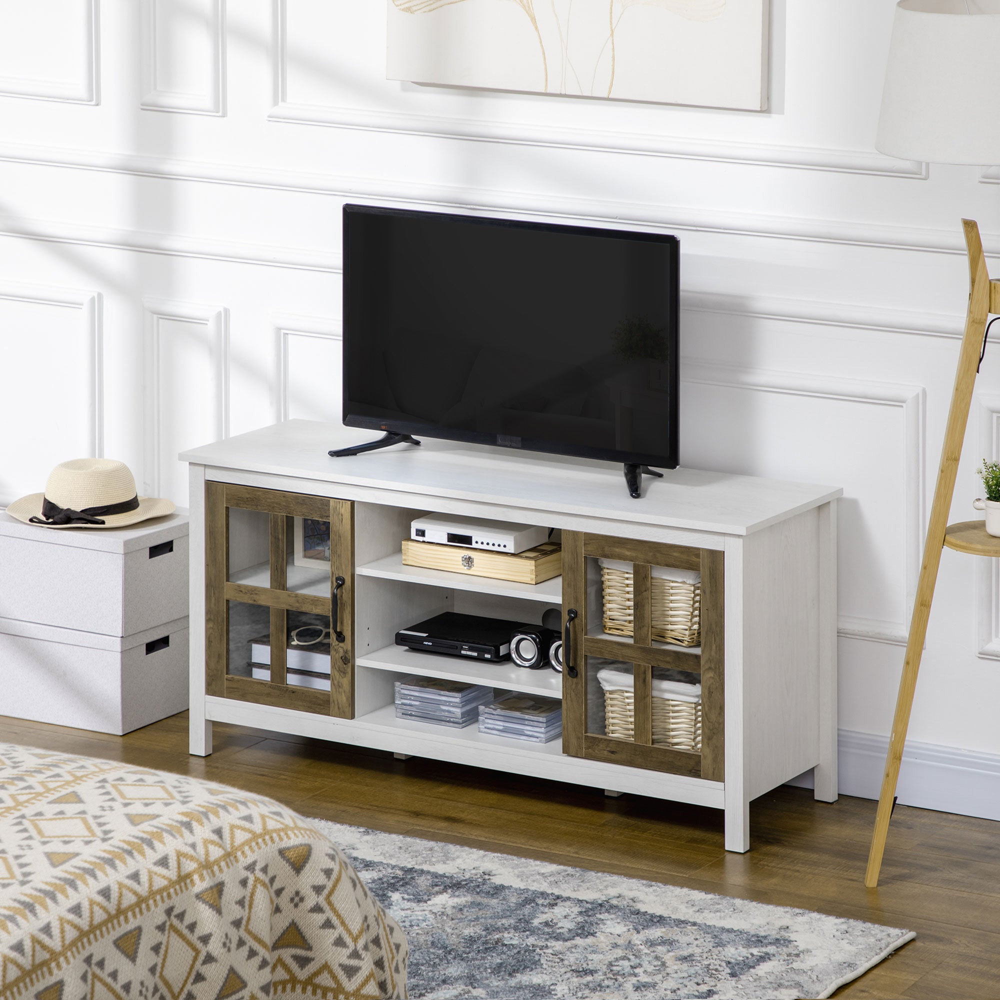 HOMCOM TV Stand for TVs up to 55 Inches, TV Cabinet with Adjustable Shelves and Cable Holes, TV Bench for Living Room, White