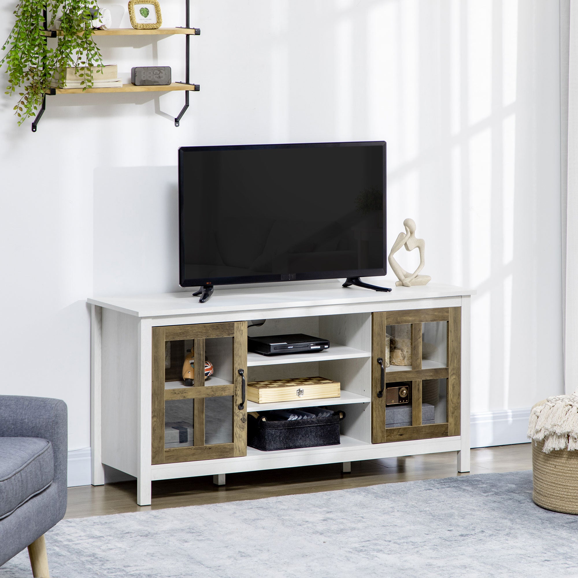 HOMCOM TV Stand for TVs up to 55 Inches, TV Cabinet with Adjustable Shelves and Cable Holes, TV Bench for Living Room, White