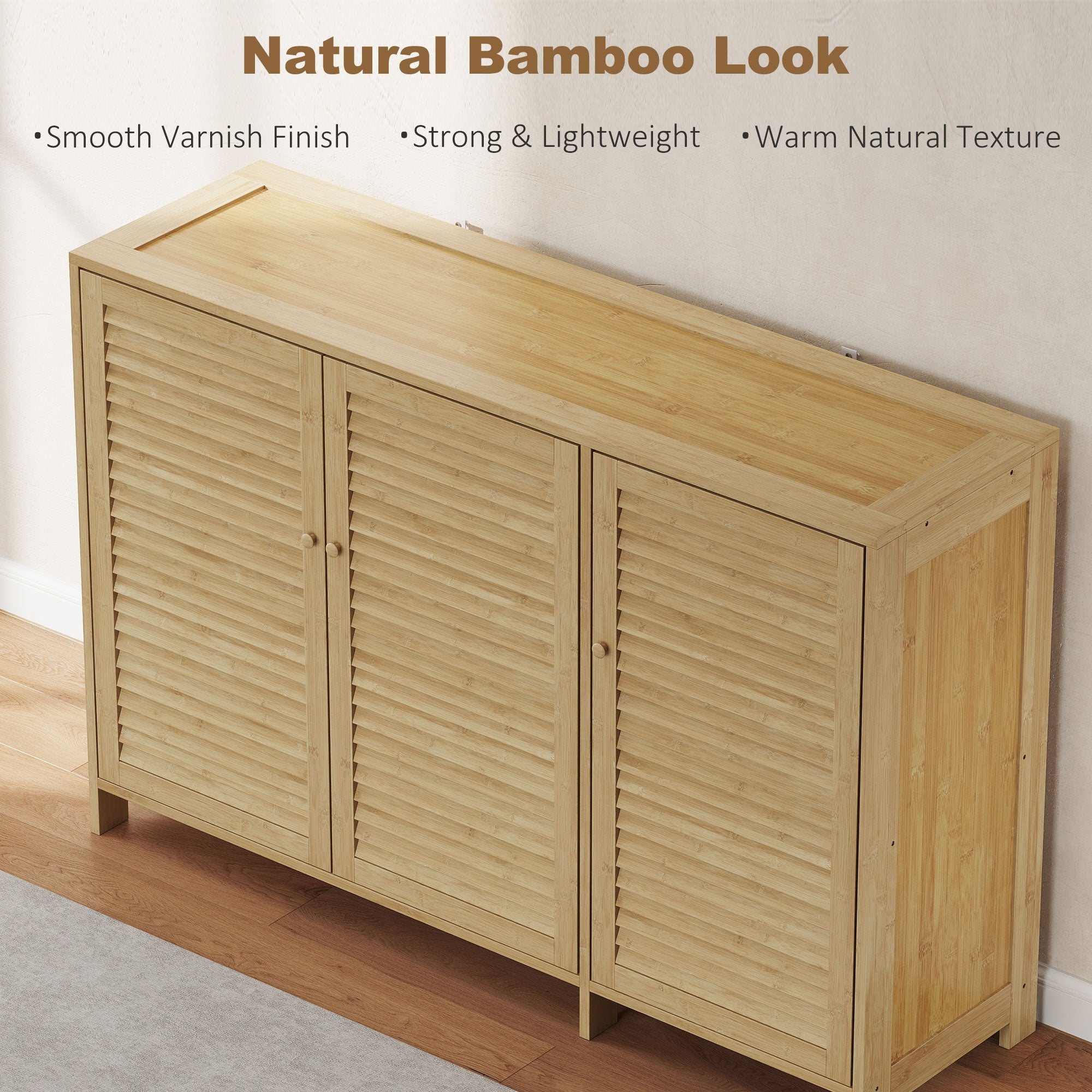 Bamboo Shoe Cabinet with Louvered Doors, Shoe Storage Cabinet with Adjustable Shelves, 18 Pairs Footwear Cupboard for Hallway, Entryway, 120 x 35 x 80 cm, Natural Wood Finish