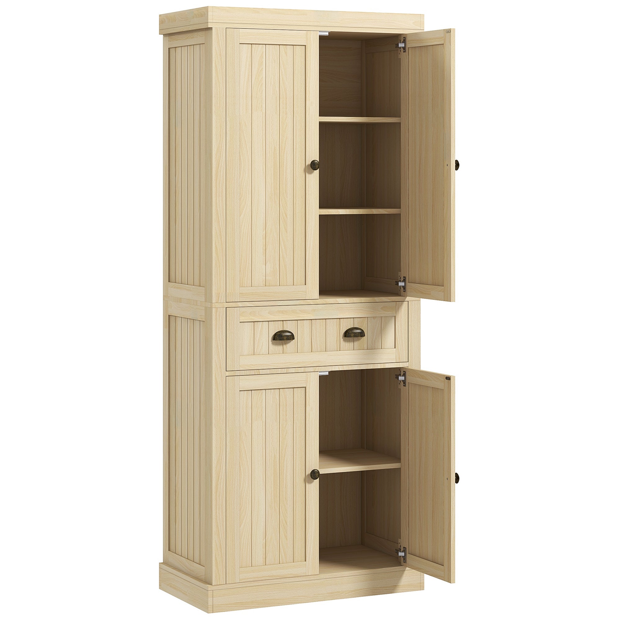 72" Kitchen Cabinet Pantry Cabinet with 4 Doors 2 Adjustable Shelves and Drawer Nature Wood