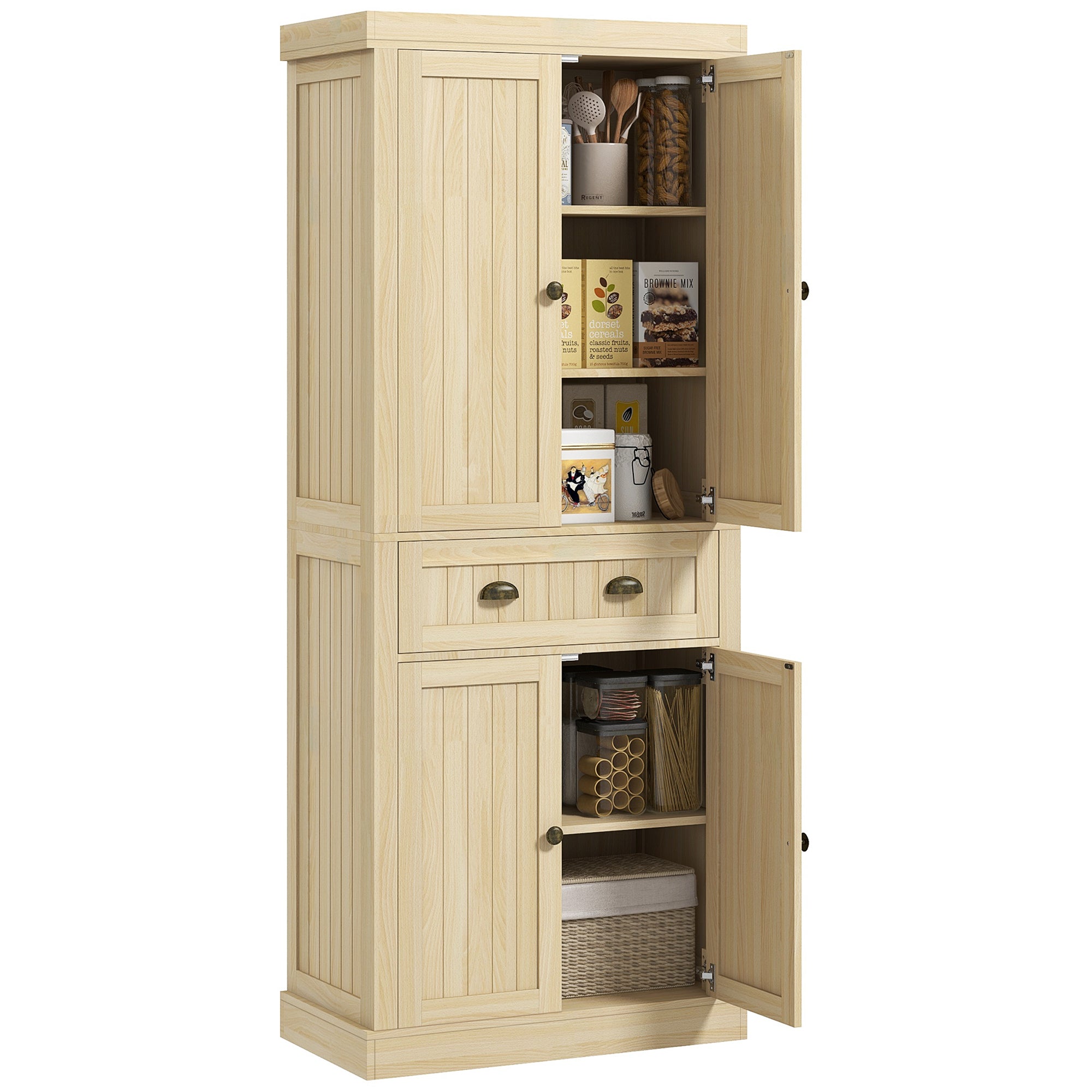 72" Kitchen Cabinet Pantry Cabinet with 4 Doors 2 Adjustable Shelves and Drawer Nature Wood