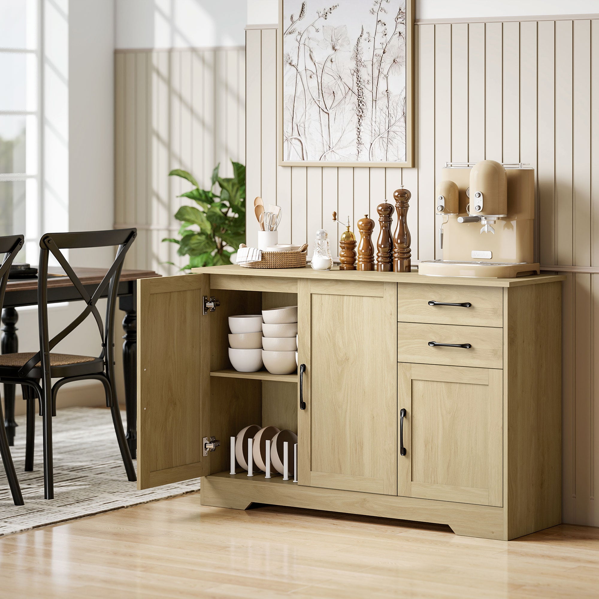 Sideboard with Soft-Close Doors, Modern Storage Cabinet, Kitchen Cupboard with 2 Drawers, Adjustable Shelf and 3 Doors for Dining Room, Living Room, Natural Wood Finish