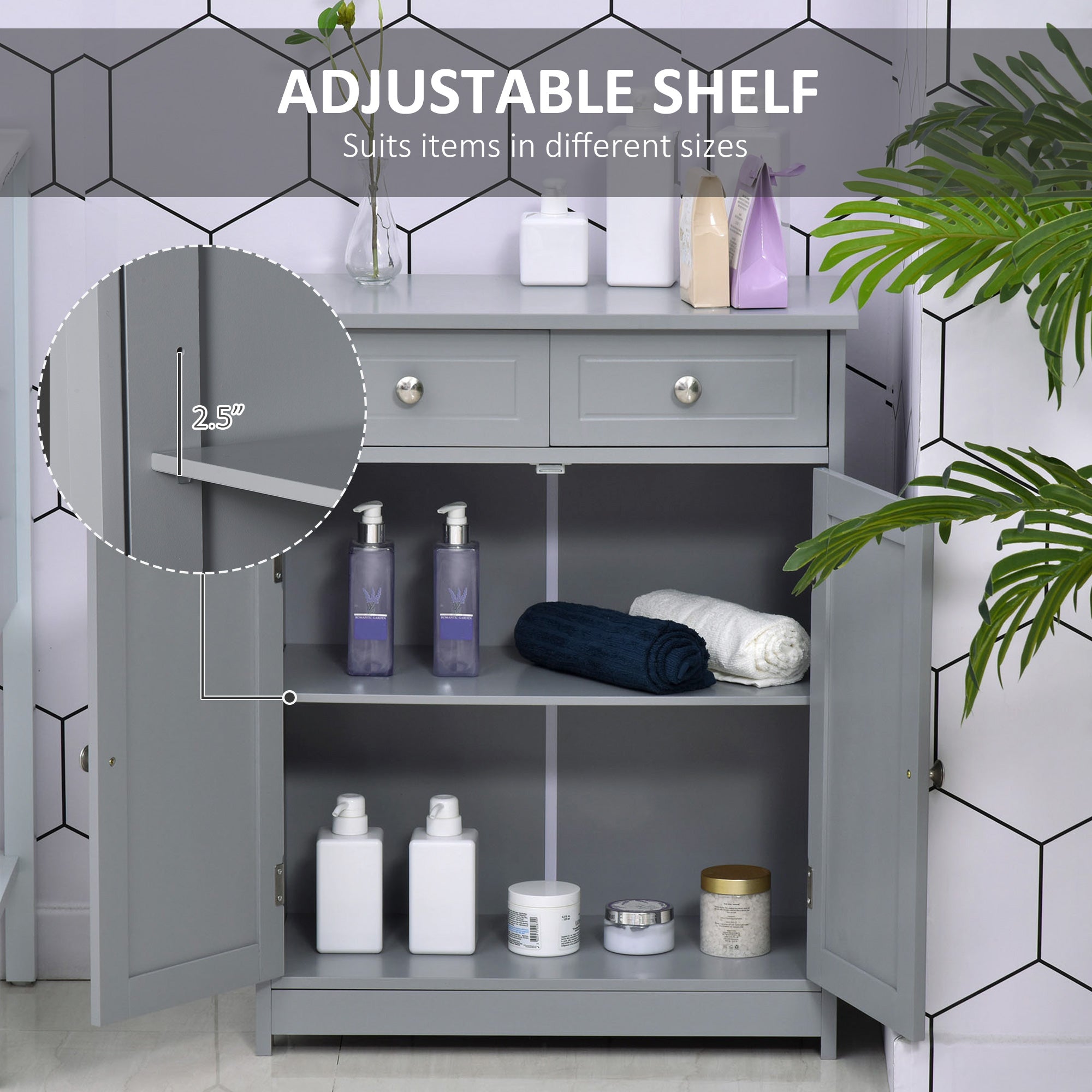 kleankin Bathroom Storage Cabinet, Floor Cabinet with 2 Doors, 2 Drawers, Adjustable Shelf for Washroom, Grey