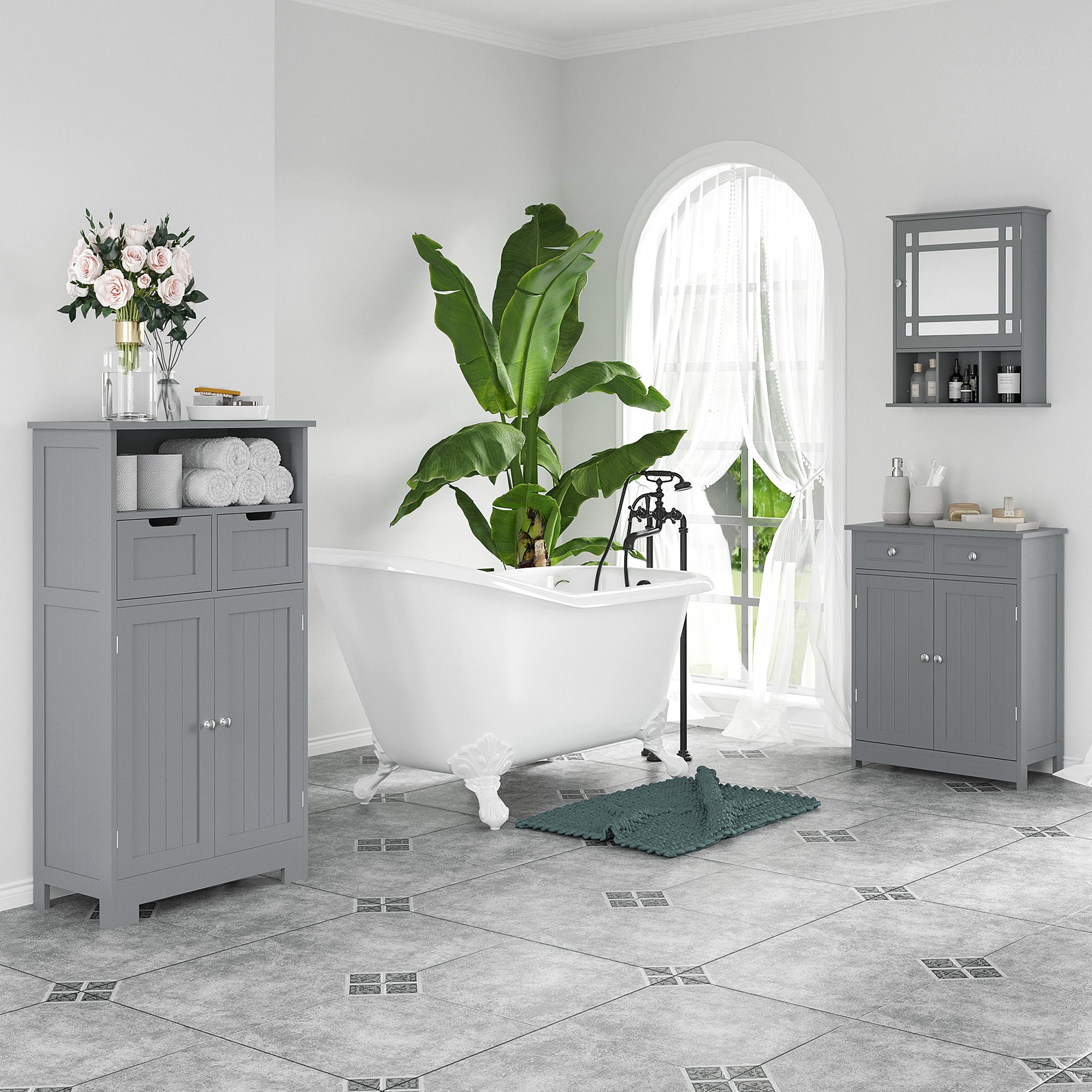 kleankin Bathroom Storage Cabinet, Floor Cabinet with 2 Doors, 2 Drawers, Adjustable Shelf for Washroom, Grey