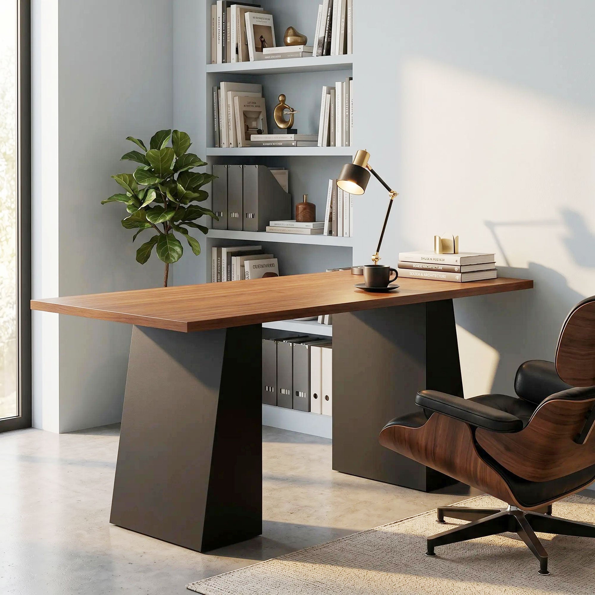 63 Inch Computer Desk, Modern Industrial Writing Desk with Trapezoidal Frame, Easy Assembly Desk Workstation for Home Office, Living Room, Light Walnut and Black