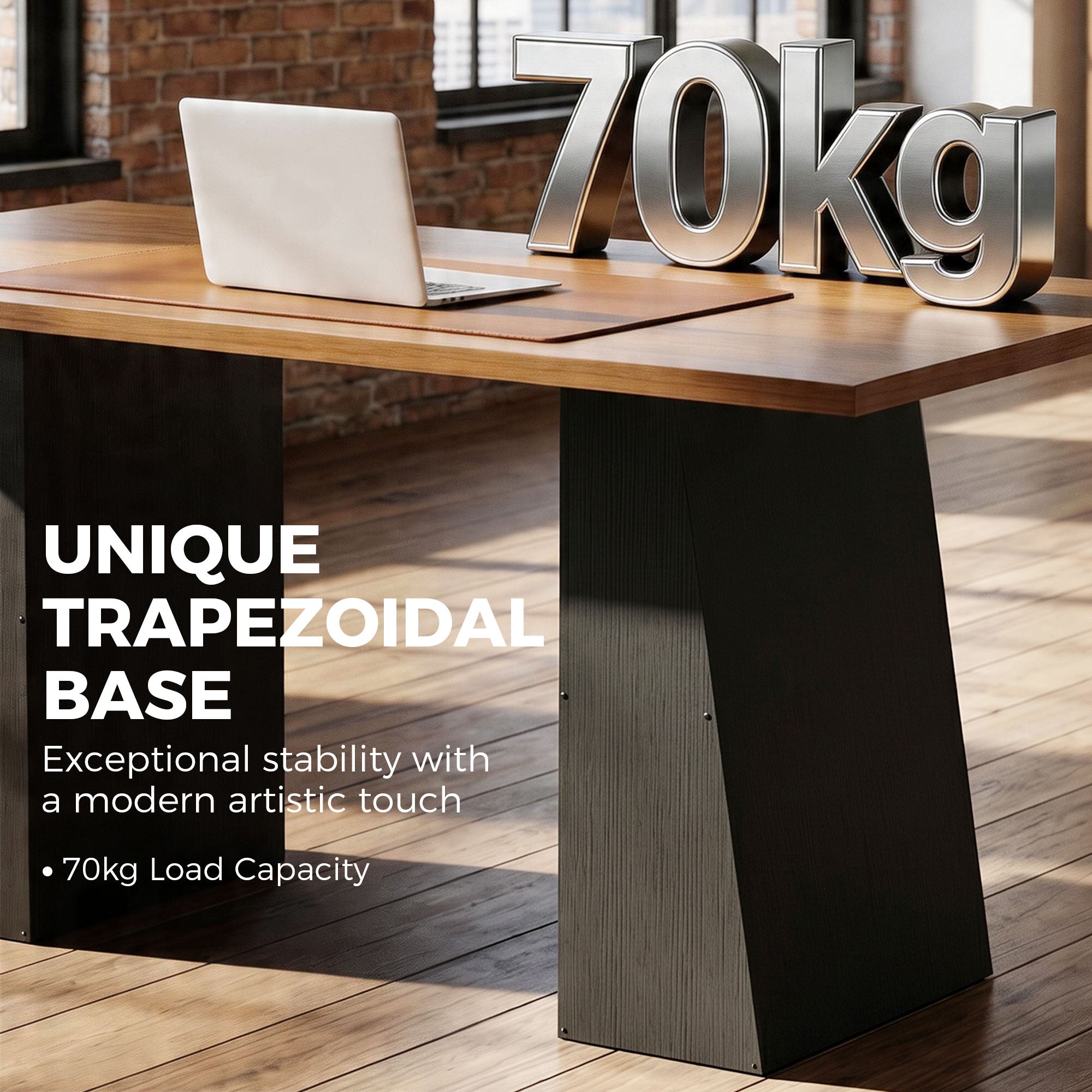 63 Inch Computer Desk, Modern Industrial Writing Desk with Trapezoidal Frame, Easy Assembly Desk Workstation for Home Office, Living Room, Light Walnut and Black