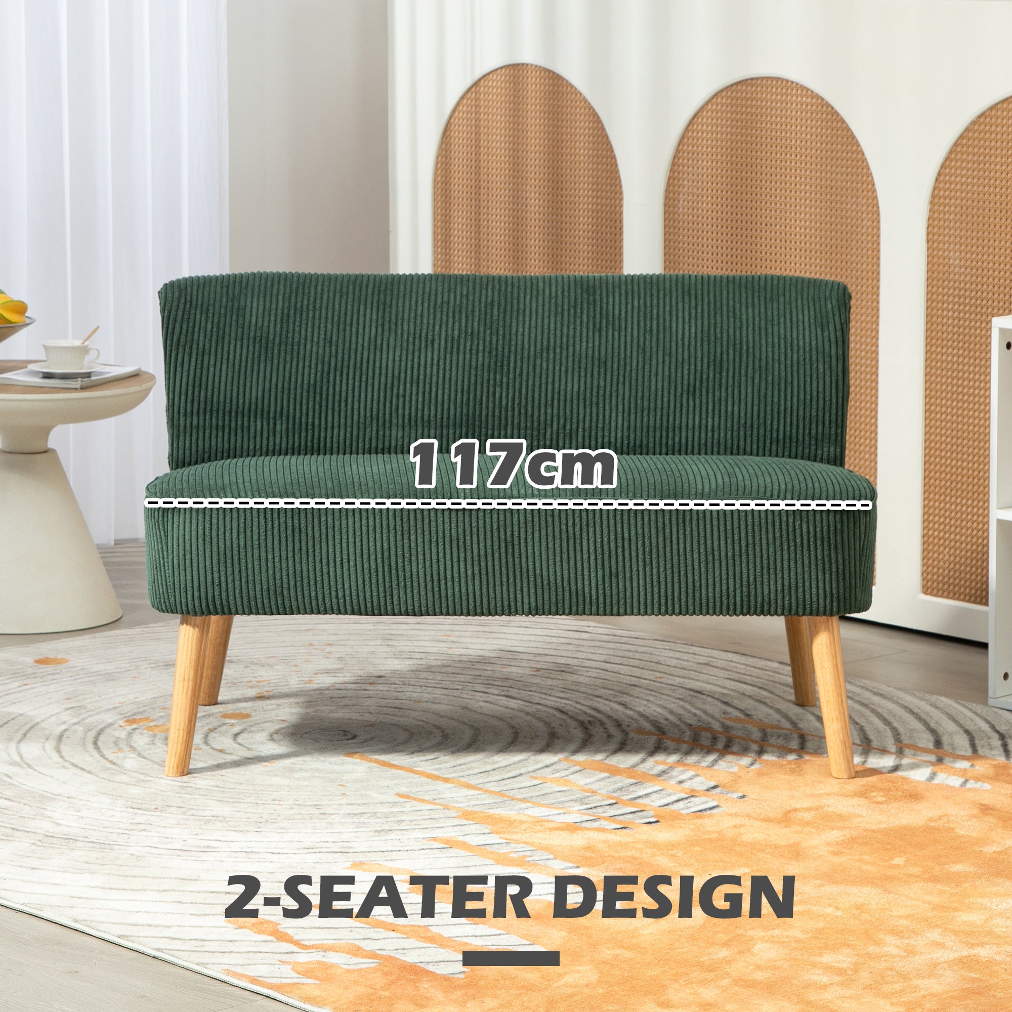 46" Loveseat Sofa, Corduroy Fabric 2 Seater Sofa Couch with Thick Padded Seat and Rubber Wood Legs, Upholstered Small Couch for Living Room, Home Office, Green
