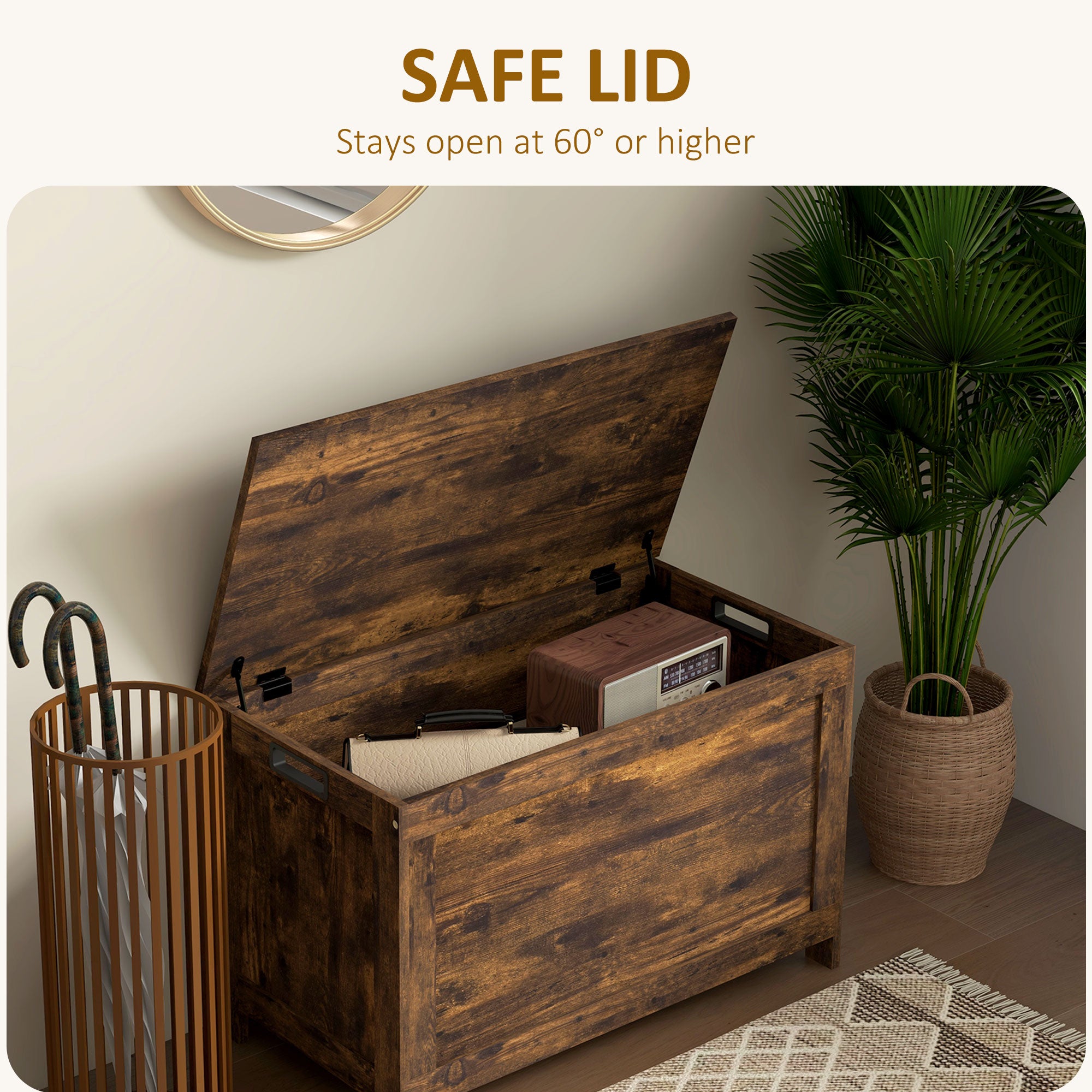 29.9" Storage Trunk w/ 2 Safety Hinges, Wooden Storage Bench w/ Side Handles, Storage Chest for Playroom, Rustic Brown