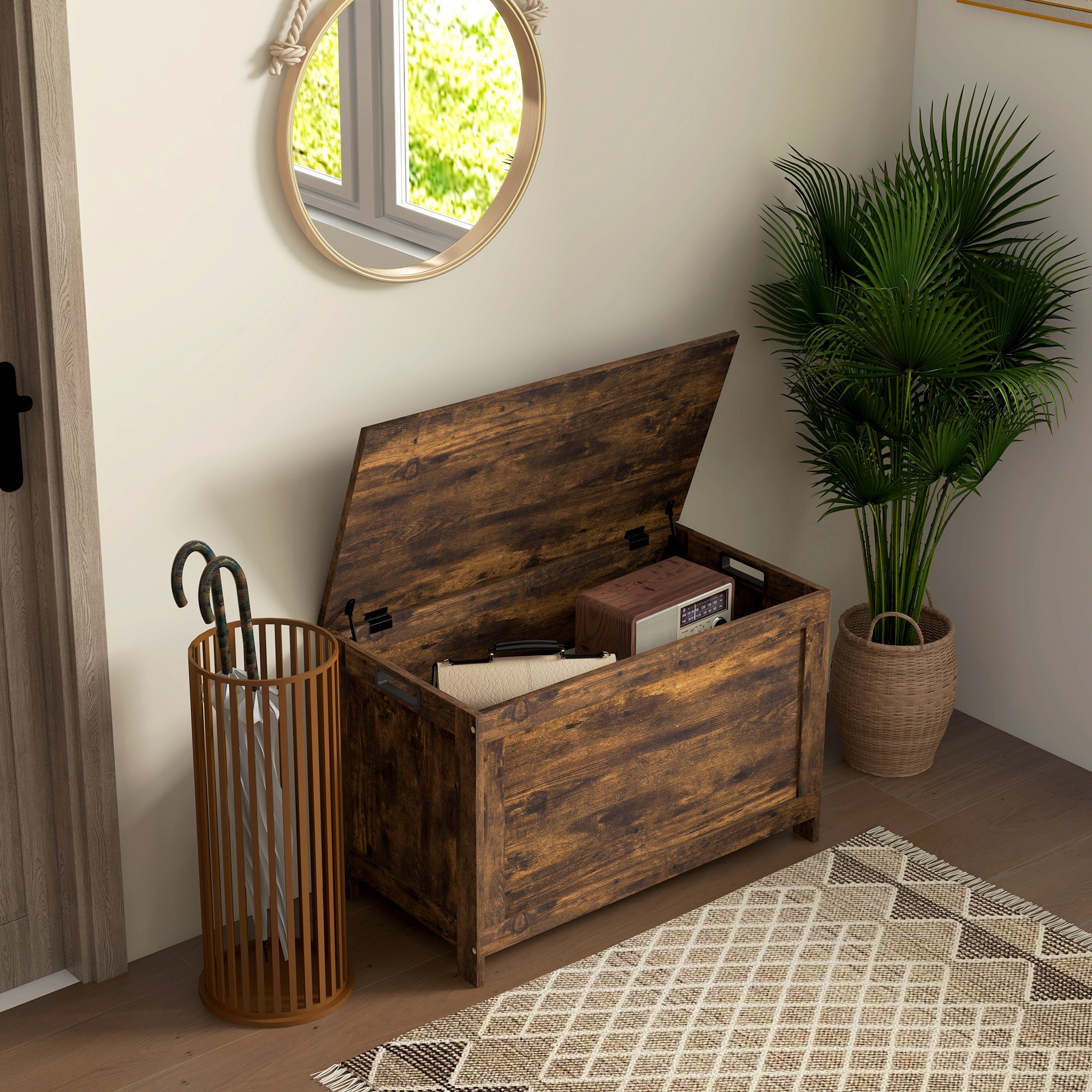 29.9" Storage Trunk w/ 2 Safety Hinges, Wooden Storage Bench w/ Side Handles, Storage Chest for Playroom, Rustic Brown