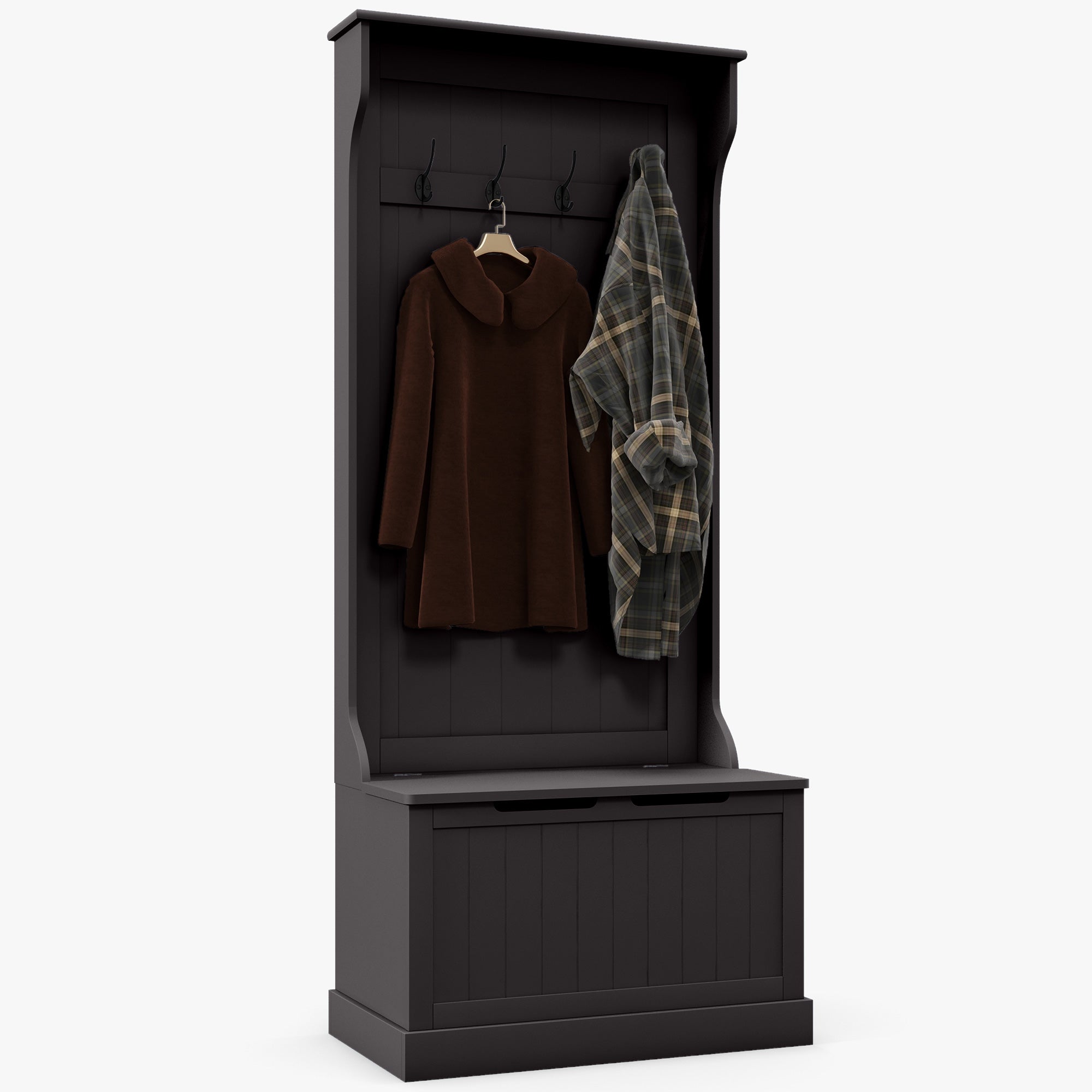 Entryway Hall Tree with Coat Rack and Sitting Bench, Mudroom Bench with Storage and Hooks, Black