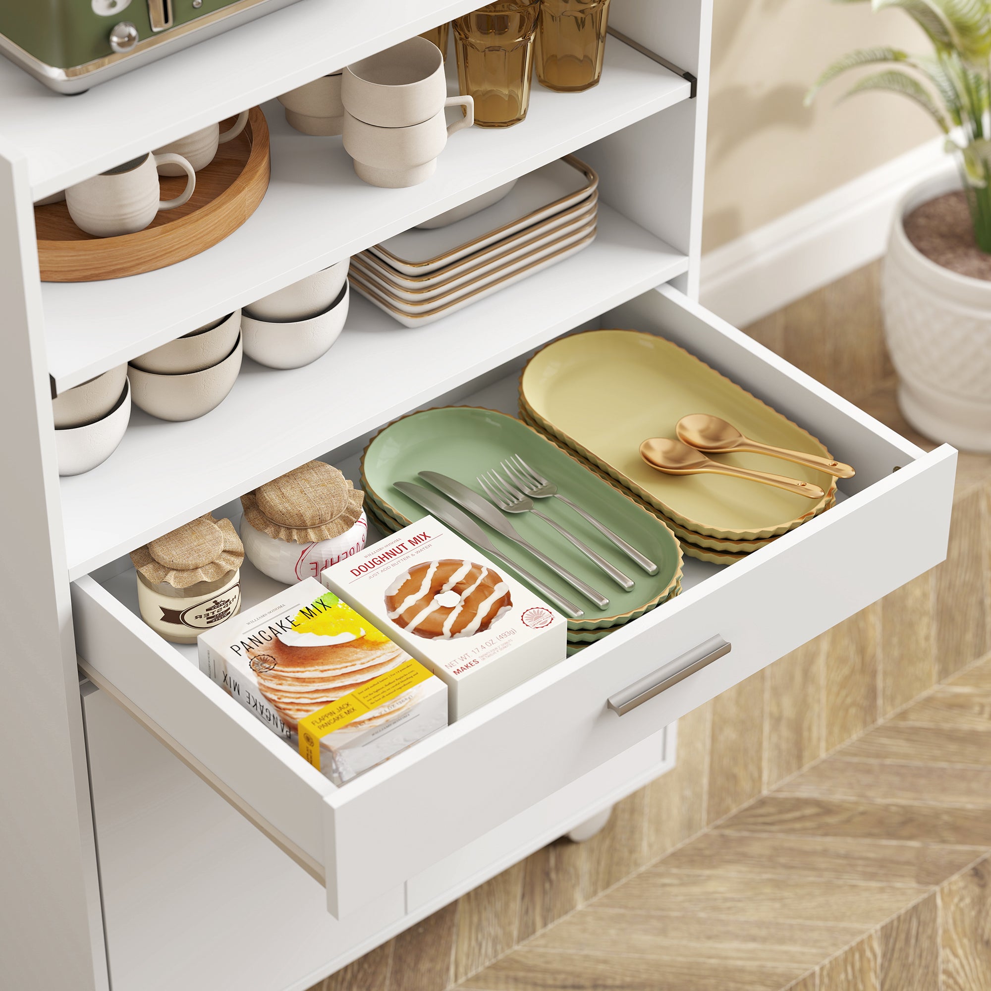 Microwave Cart with Wheels, Microwave Stand with Worktop, Open Shelves and Drawer, Storage Cabinet, White