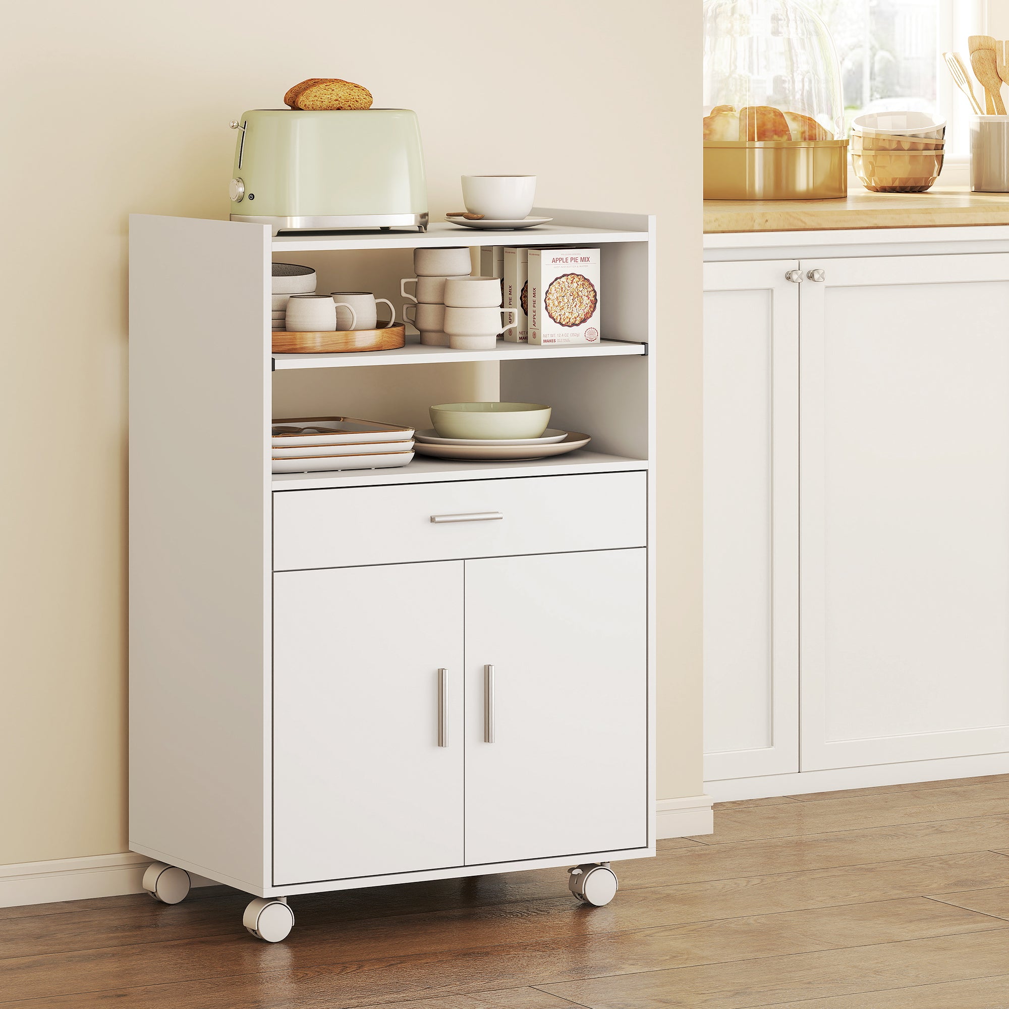 Microwave Cart with Wheels, Microwave Stand with Worktop, Open Shelves and Drawer, Storage Cabinet, White