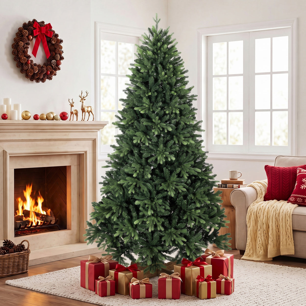 7ft Artificial Christmas Tree, Hinged Xmas Tree with 3834 PE & PVC Branch Tips, Solid Fir Wood Stand, Auto Open for Home Office Holiday Decoration, Green