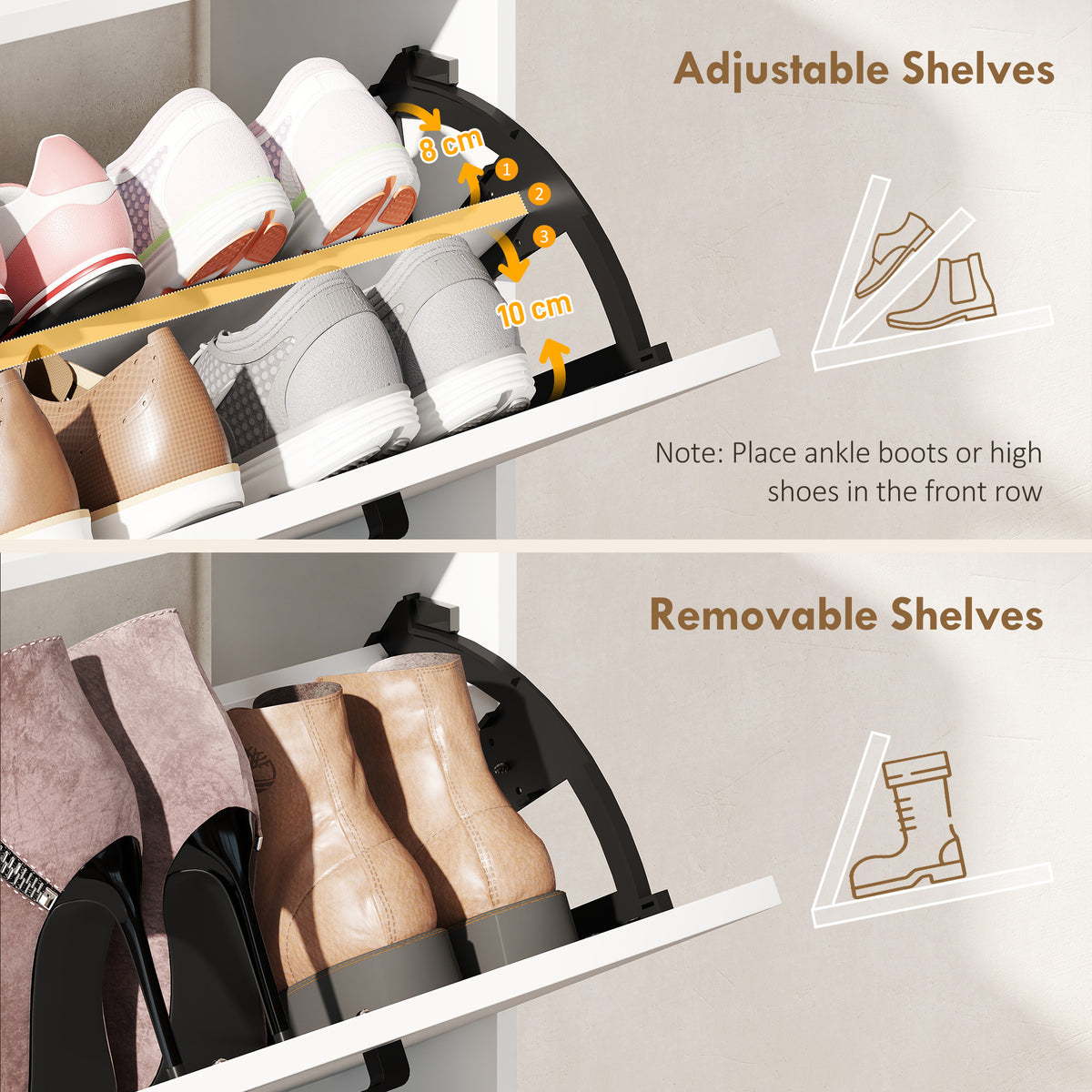 Modern Shoe Cabinet with 2 Flip Drawers, Narrow Shoe Storage Cabinet with Side Compartments and Adjustable Shelves, 8-12 Pairs, for Entryway Hallway, White
