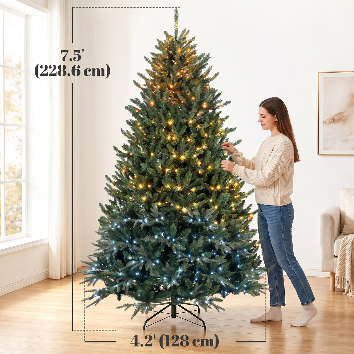 7.5ft Prelit Christmas Tree with Colourful DIY LEDs, Frasier Grande Fir, Hinged Xmas Tree with Remote, 12 Modes, Daily Timer, Dense Tips, Adjustable Brightness