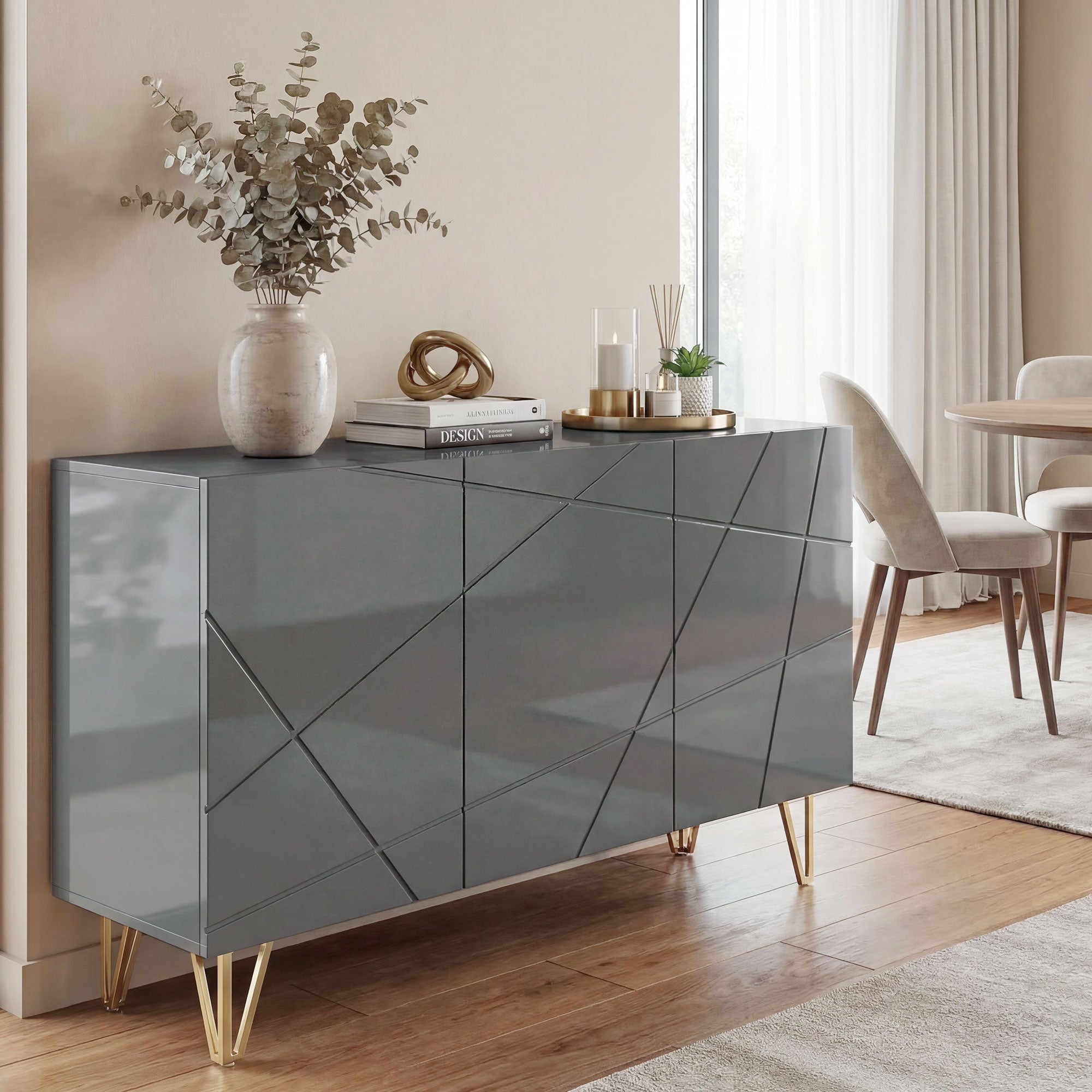 Storage Cabinet with High Gloss, Freestanding Sideboard with Adjustable Shelves, Soft-Close Doors and Gold Tone Hairpin Legs for Living Room, Dining Room, Hallway, Grey