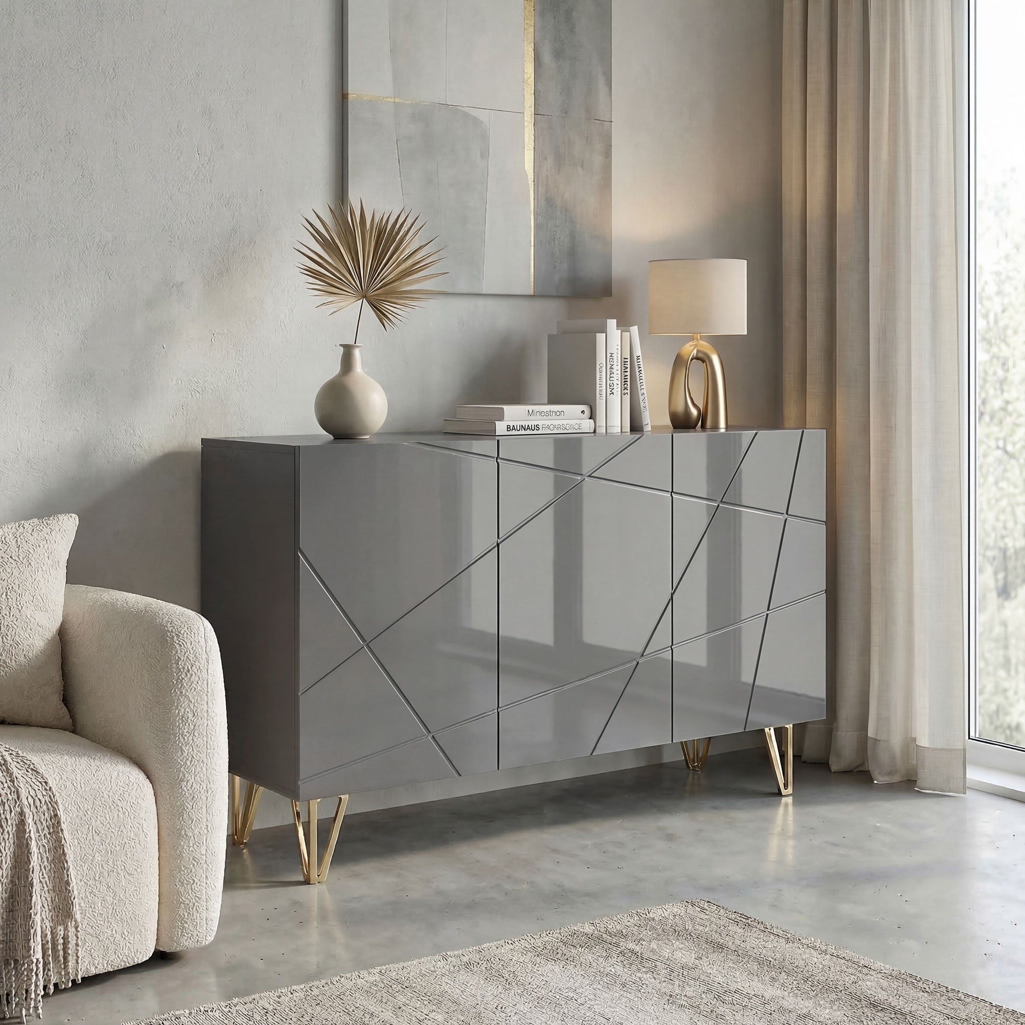 Storage Cabinet with High Gloss, Freestanding Sideboard with Adjustable Shelves, Soft-Close Doors and Gold Tone Hairpin Legs for Living Room, Dining Room, Hallway, Grey
