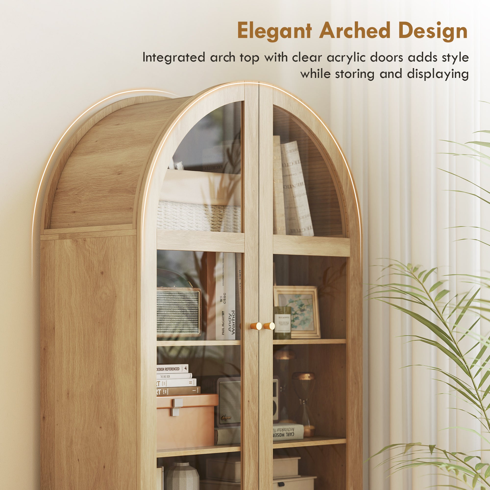 71" Tall Arched Kitchen Pantry Cabinet, Farmhouse Freestanding Kitchen Storage Cabinet with Adjustable Shelves, Acrylic Doors for Living Room, Dining Room, Oak