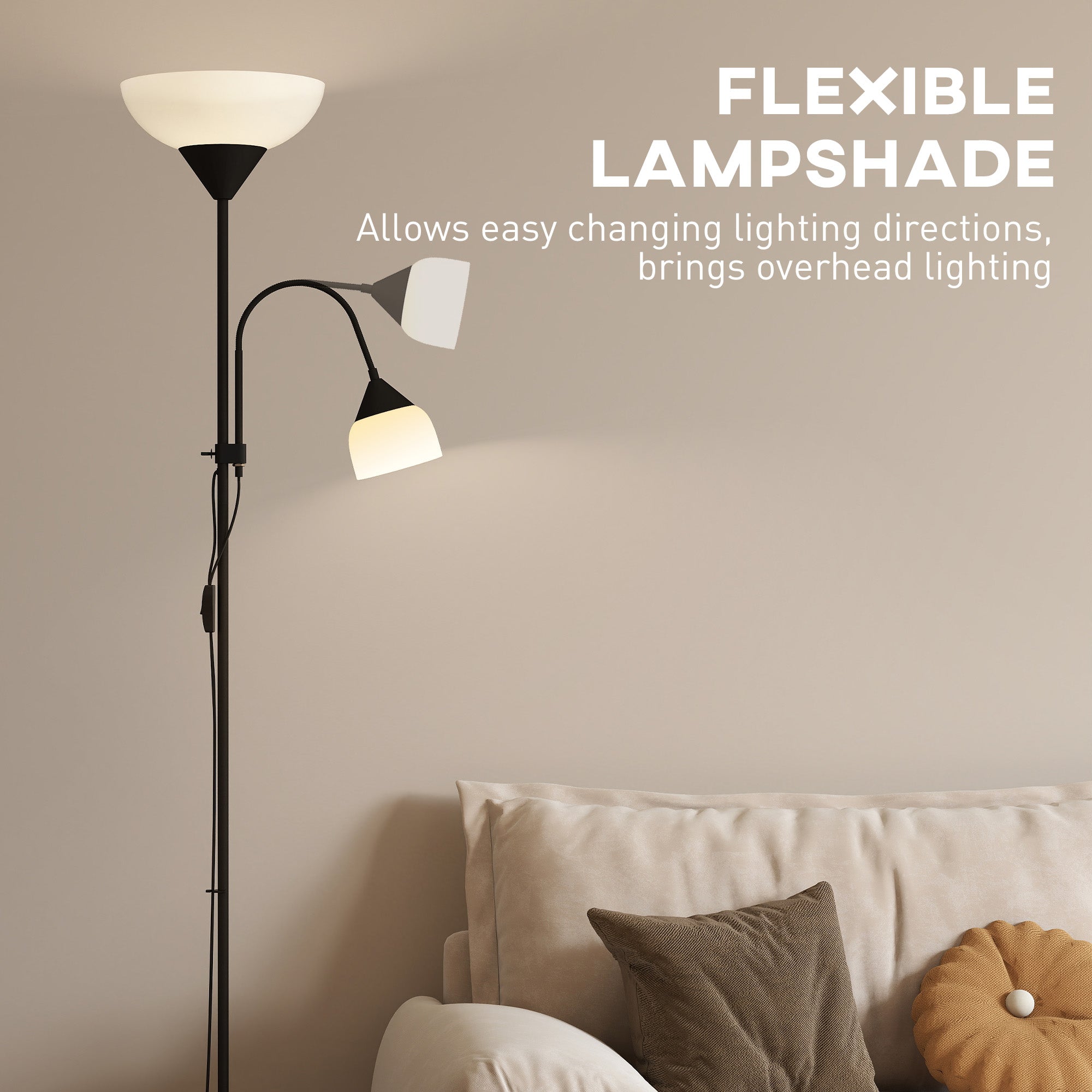 LED Floor Lamp for Living Room, 180cm Tall Standing Lamp, Mother and Child Uplighter with Adjustable Gooseneck, 3000K/4500K/6500K Colour Temperatures, Black