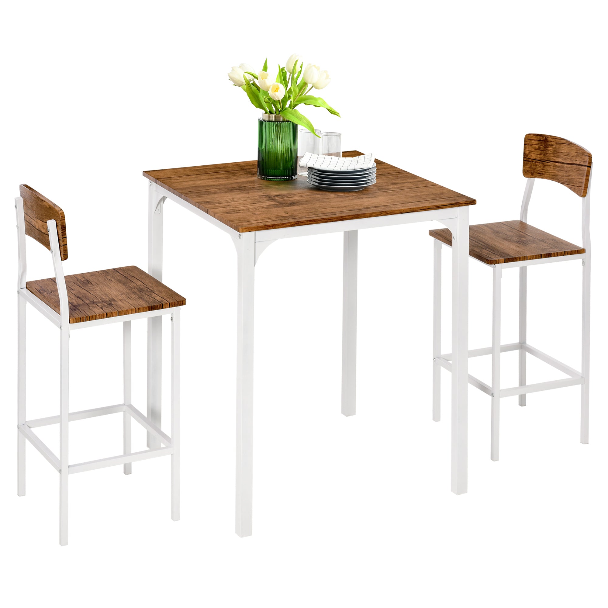 3 Piece Industrial Counter Height Dining Table Set, Bar Table & Chairs with Steel Legs & Footrests, White