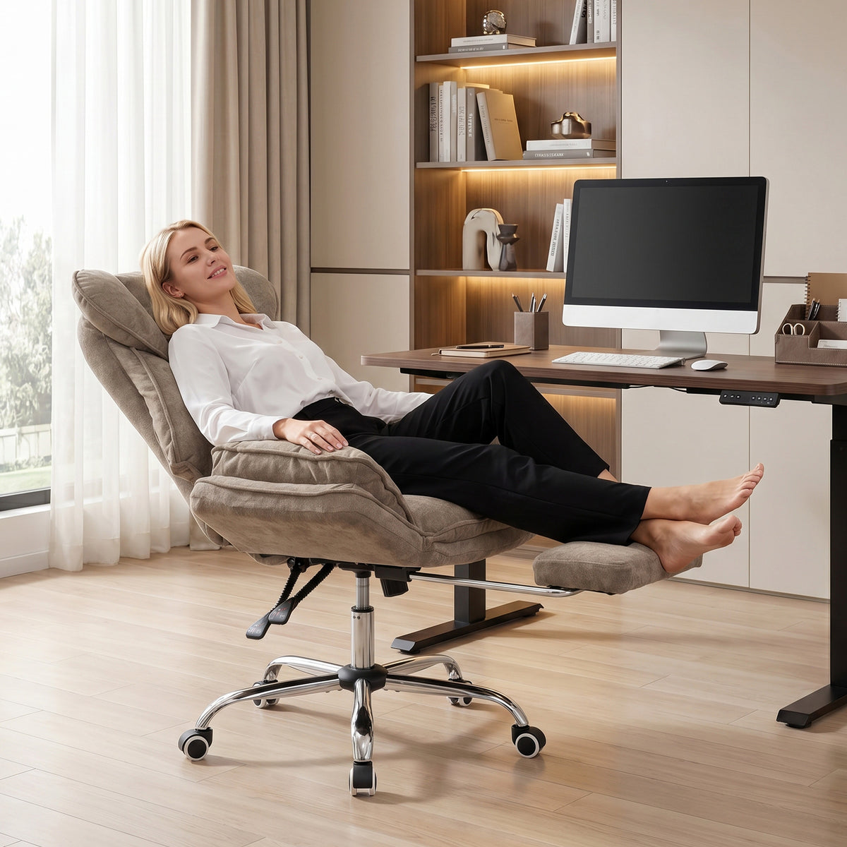 Criss Cross Office Chair with Footrest, Swivel Wheels, Task Desk Chair with Overstuffed Reclining Backrest, Waterfall Arms, Adjustable Height, Cross Legged, Brown