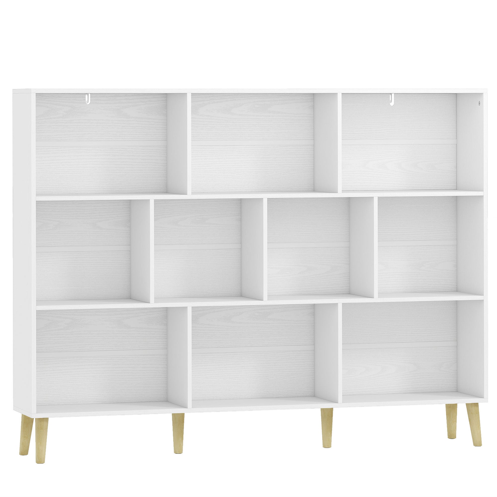 10-Cube Bookshelf, 3-Tier Bookcase with Solid Wood Legs, 140 cm Modern Freestanding Book Shelf with Anti-Tip Kit for Bedroom Living Room Study Office, White Wood Effect