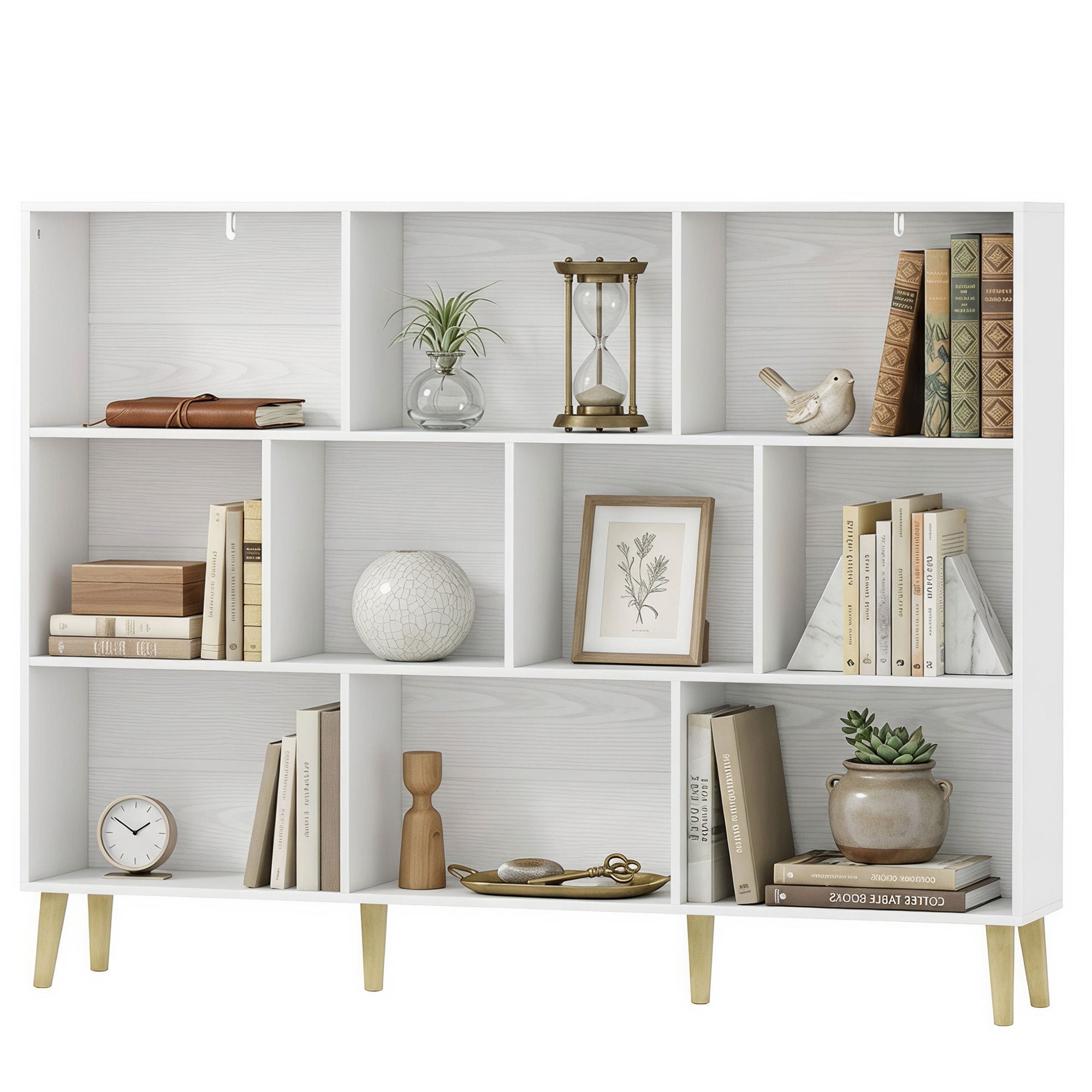 10-Cube Bookshelf, 3-Tier Bookcase with Solid Wood Legs, 140 cm Modern Freestanding Book Shelf with Anti-Tip Kit for Bedroom Living Room Study Office, White Wood Effect