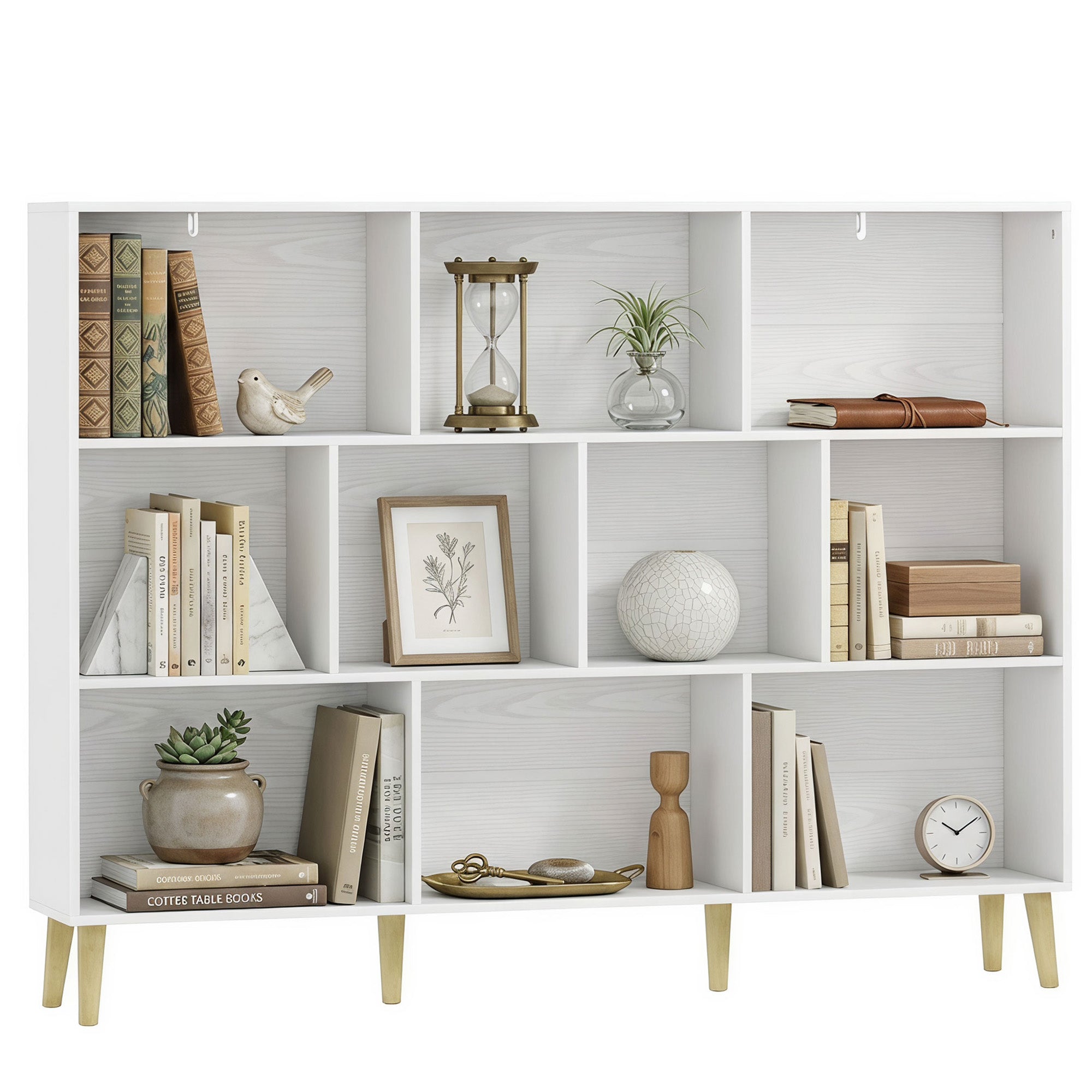 10-Cube Bookshelf, 3-Tier Bookcase with Solid Wood Legs, 140 cm Modern Freestanding Book Shelf with Anti-Tip Kit for Bedroom Living Room Study Office, White Wood Effect